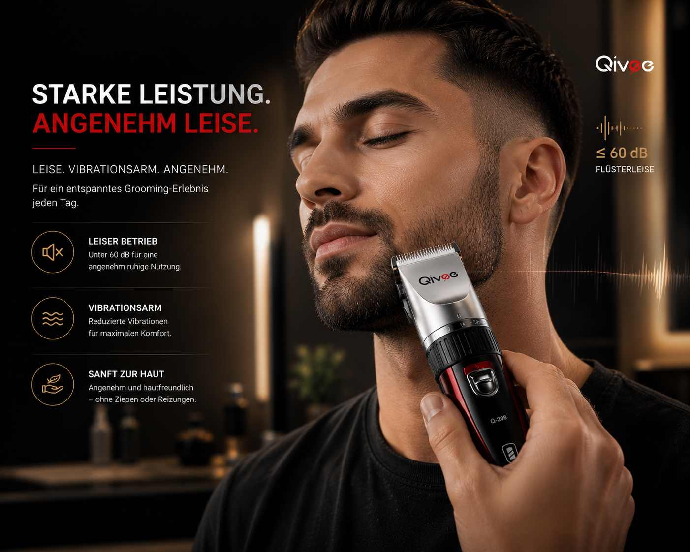 Ein Mann nutzt leise Haarschneidemaschine mit Text.