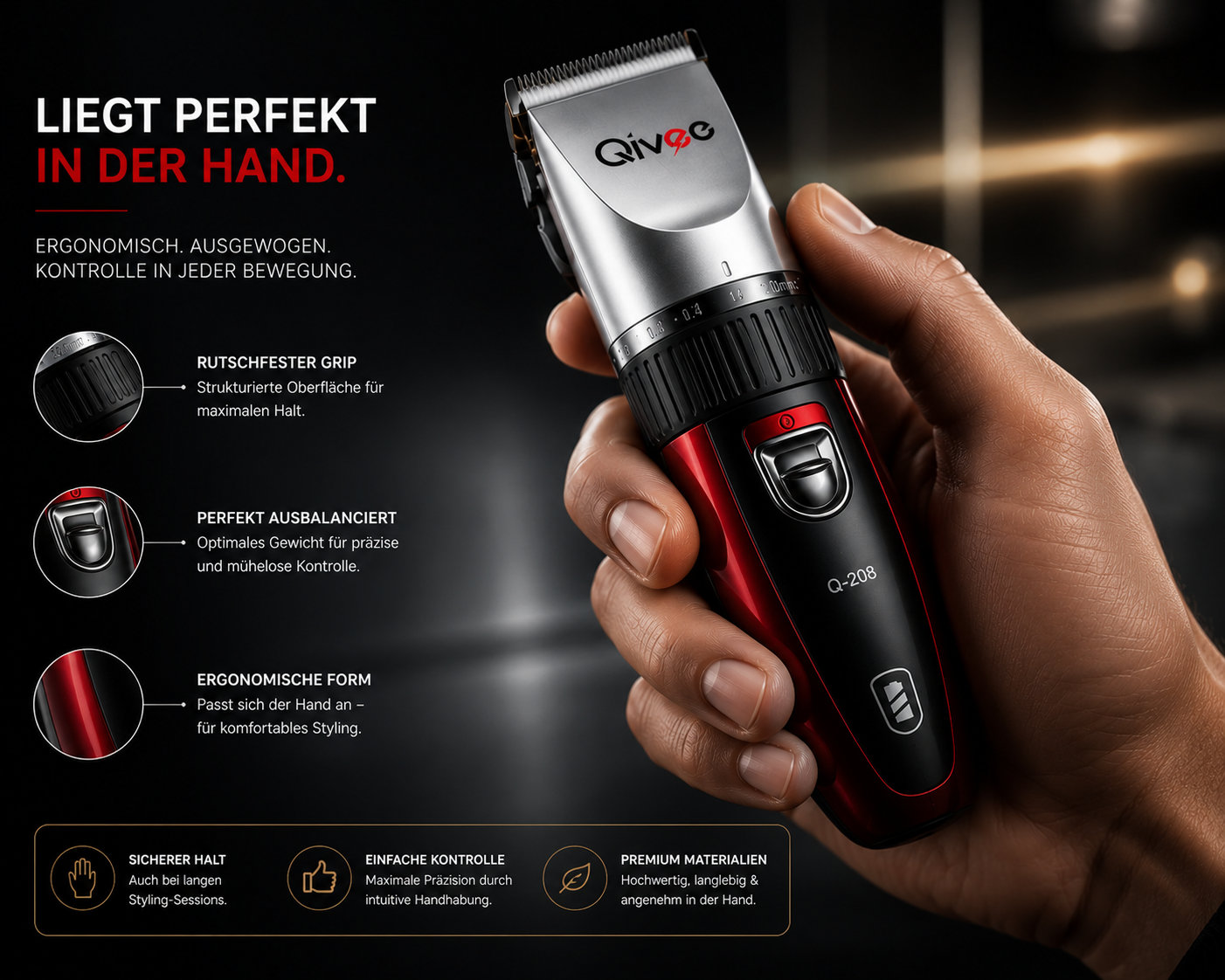 Eine Hand hält einen rot-schwarzen Qivec Haarschneider mit deutscher Produktwerbung.
