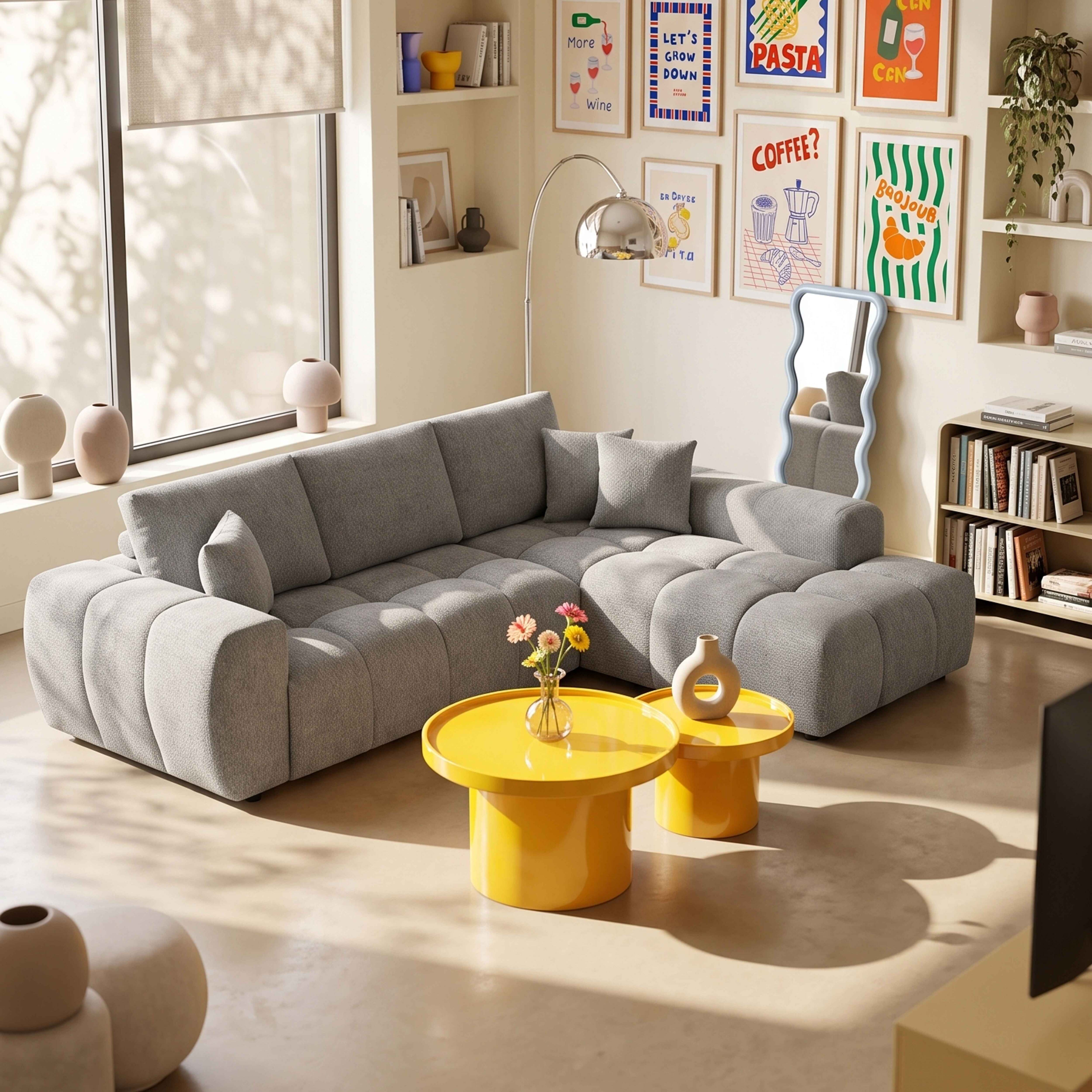 Ein sonniges Wohnzimmer mit grauer Couch, zwei gelben runden Tischen, bunten Postern an der Wand und großen Fenstern.