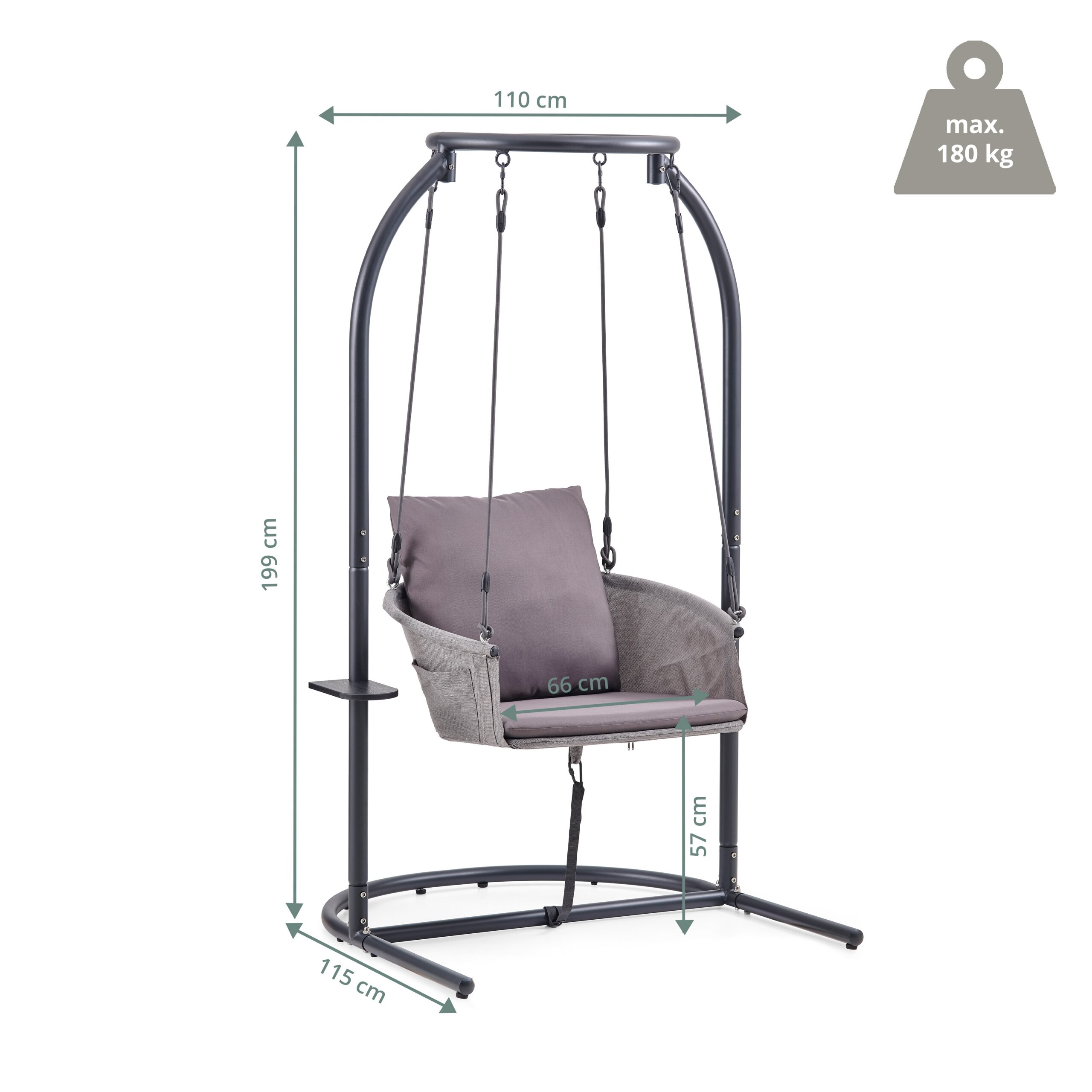 Grauer Hängesessel mit Metallgestell, Kissen und Maßangaben: 199 cm Höhe, max. 180 kg Belastbarkeit.