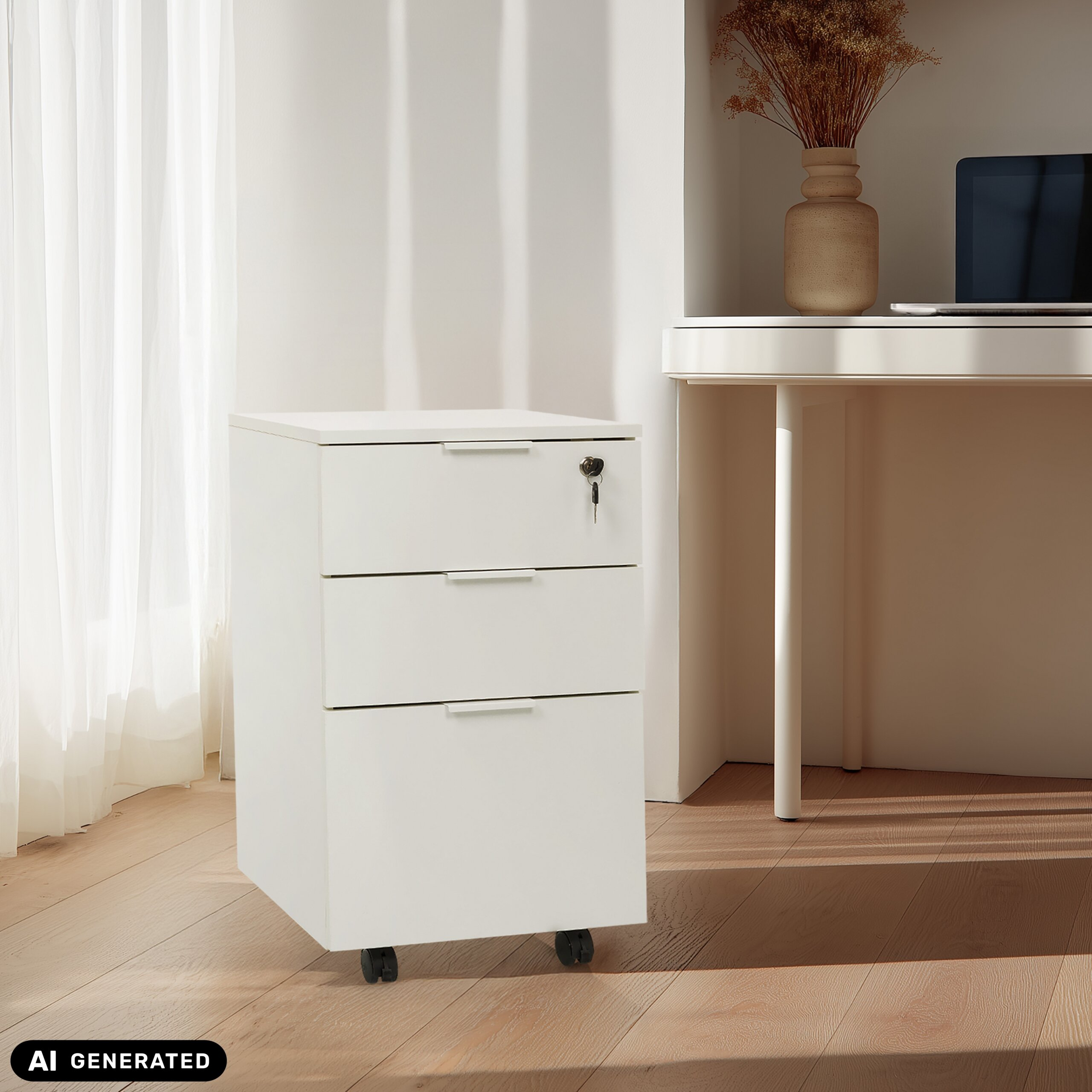 Ein weißer Rollcontainer mit drei Schubladen steht auf Holzböden neben einem Schreibtisch.