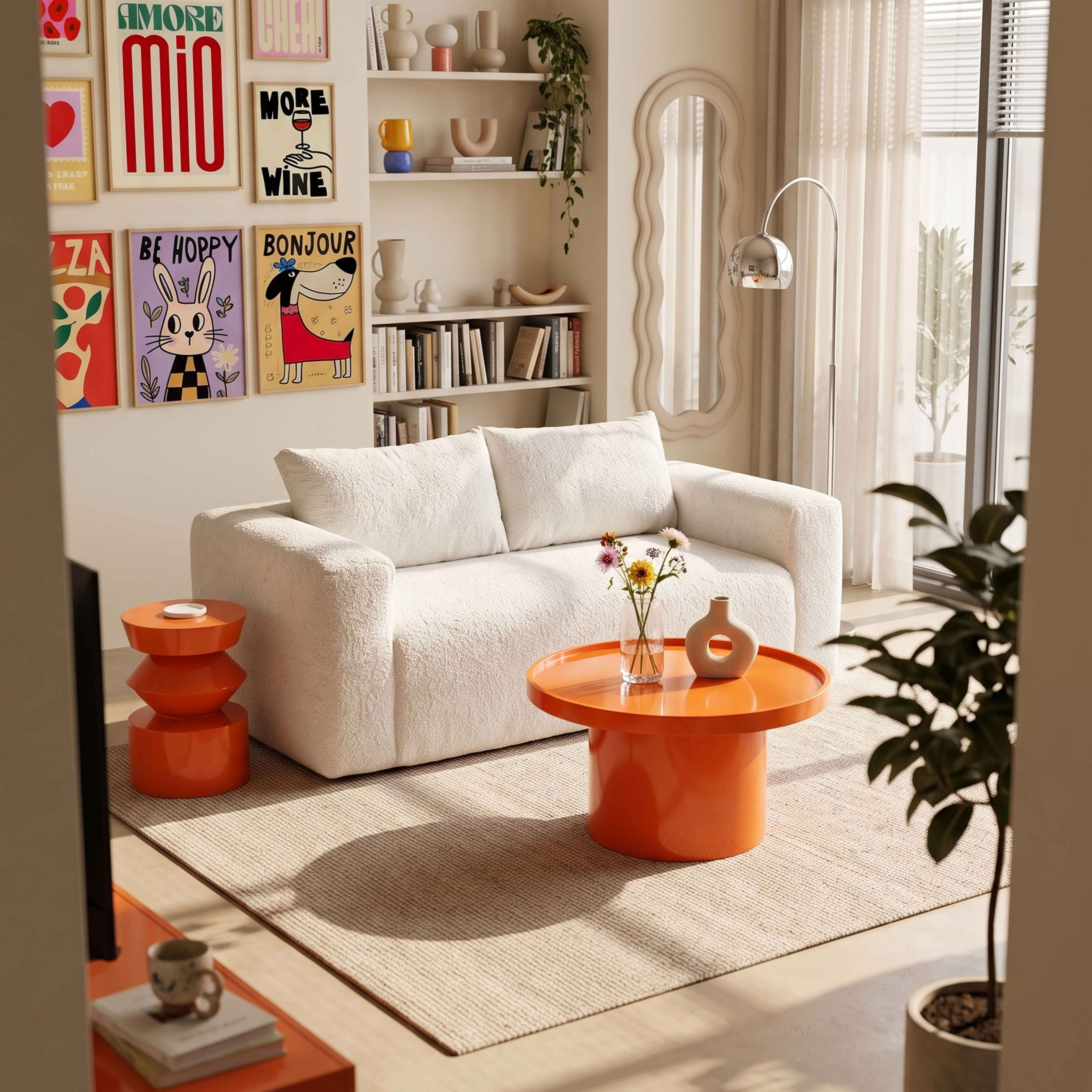 Gemütliches Wohnzimmer mit weißem Sofa, orangefarbenem Couchtisch, farbenfrohen Postern und Pflanzen in sonnigem Licht.