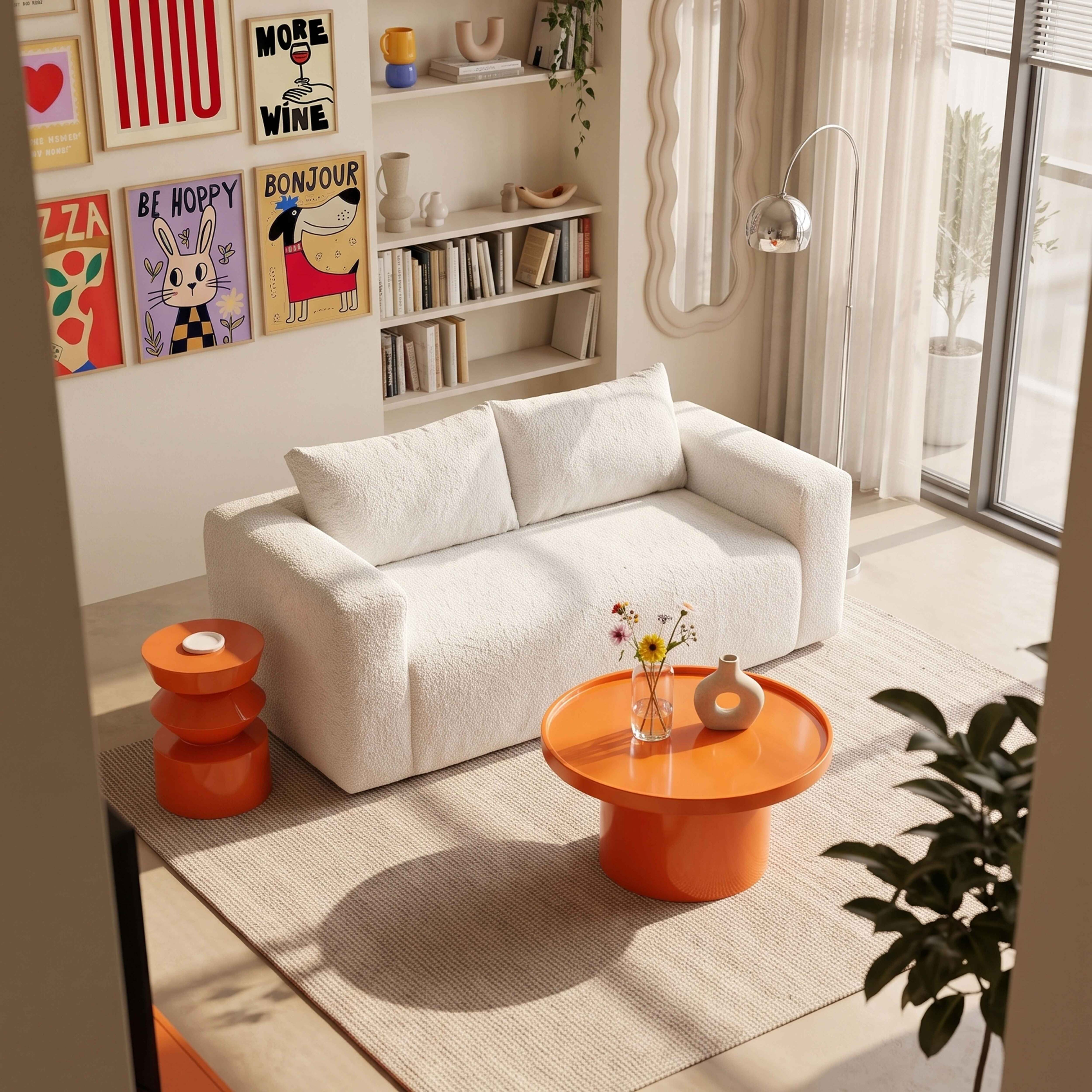 Ein modernes Wohnzimmer mit weißem Sofa, orangefarbenem Couchtisch, Bilderwand und Einbauregalen.