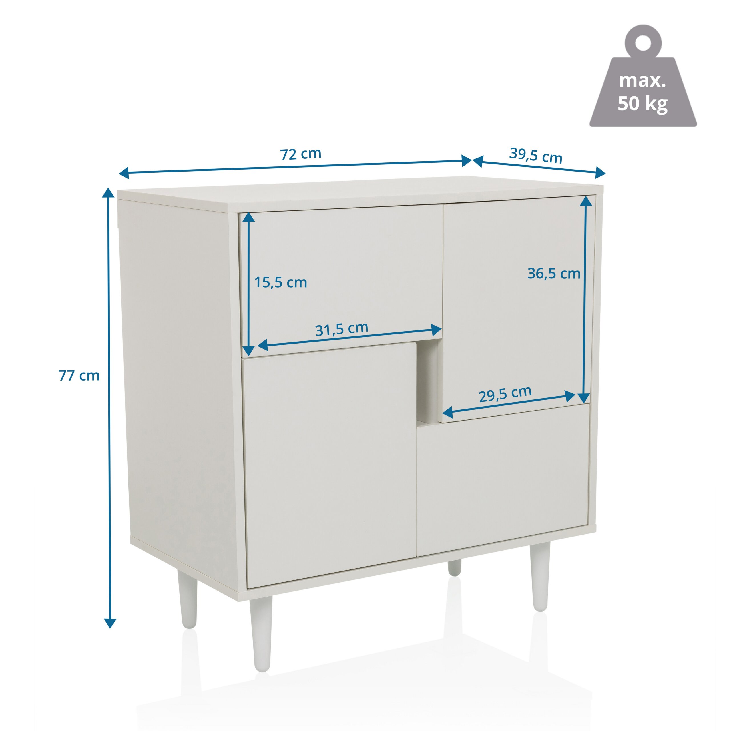 Ein weißer Schrank mit Maßen, vier Fächern und vier kurzen Beinen vor weißem Hintergrund mit Gewichtssymbol.