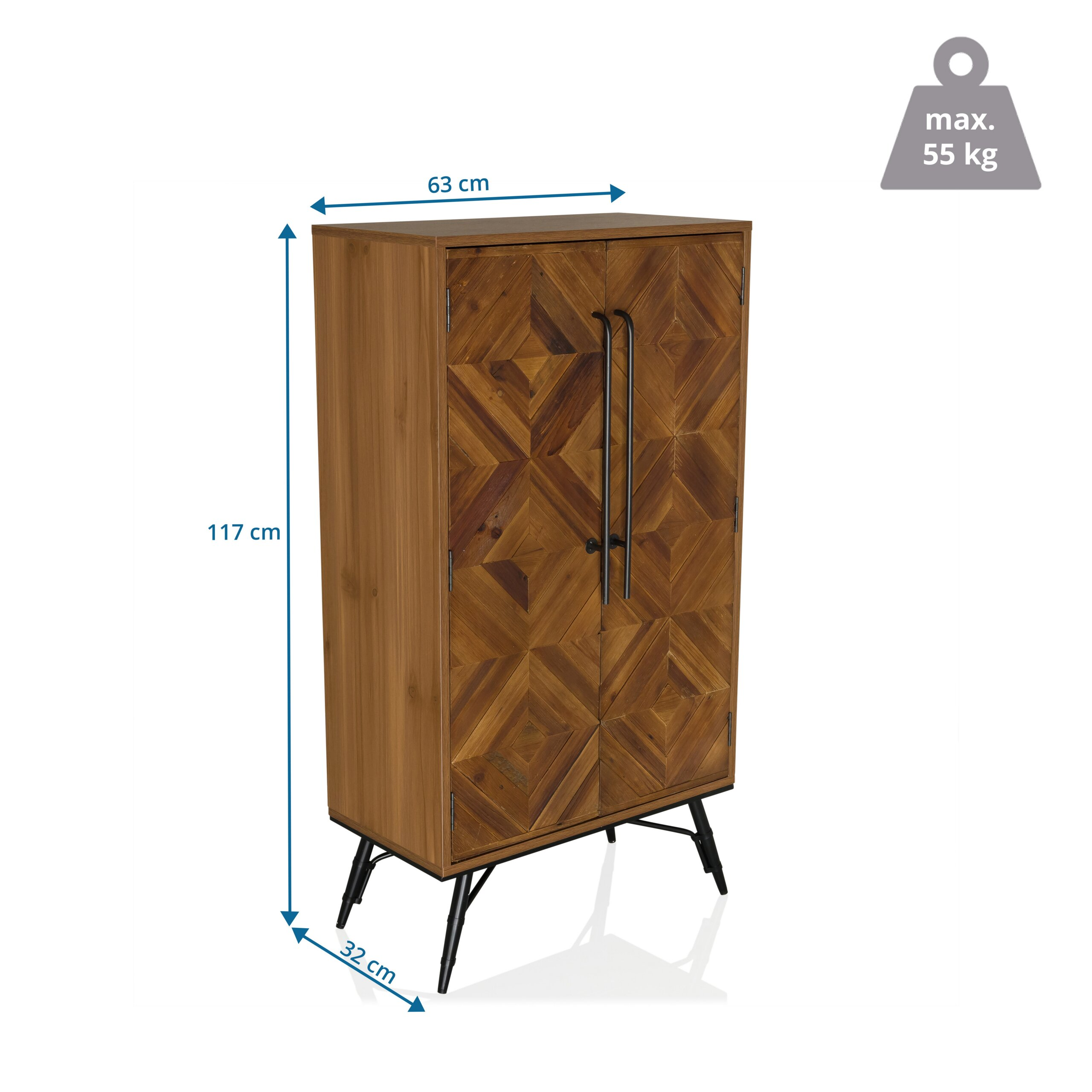 Holzschrank mit Rautenmuster, schwarzen Metallbeinen und Maßen von 63x117x32 cm, max. 55 kg.
