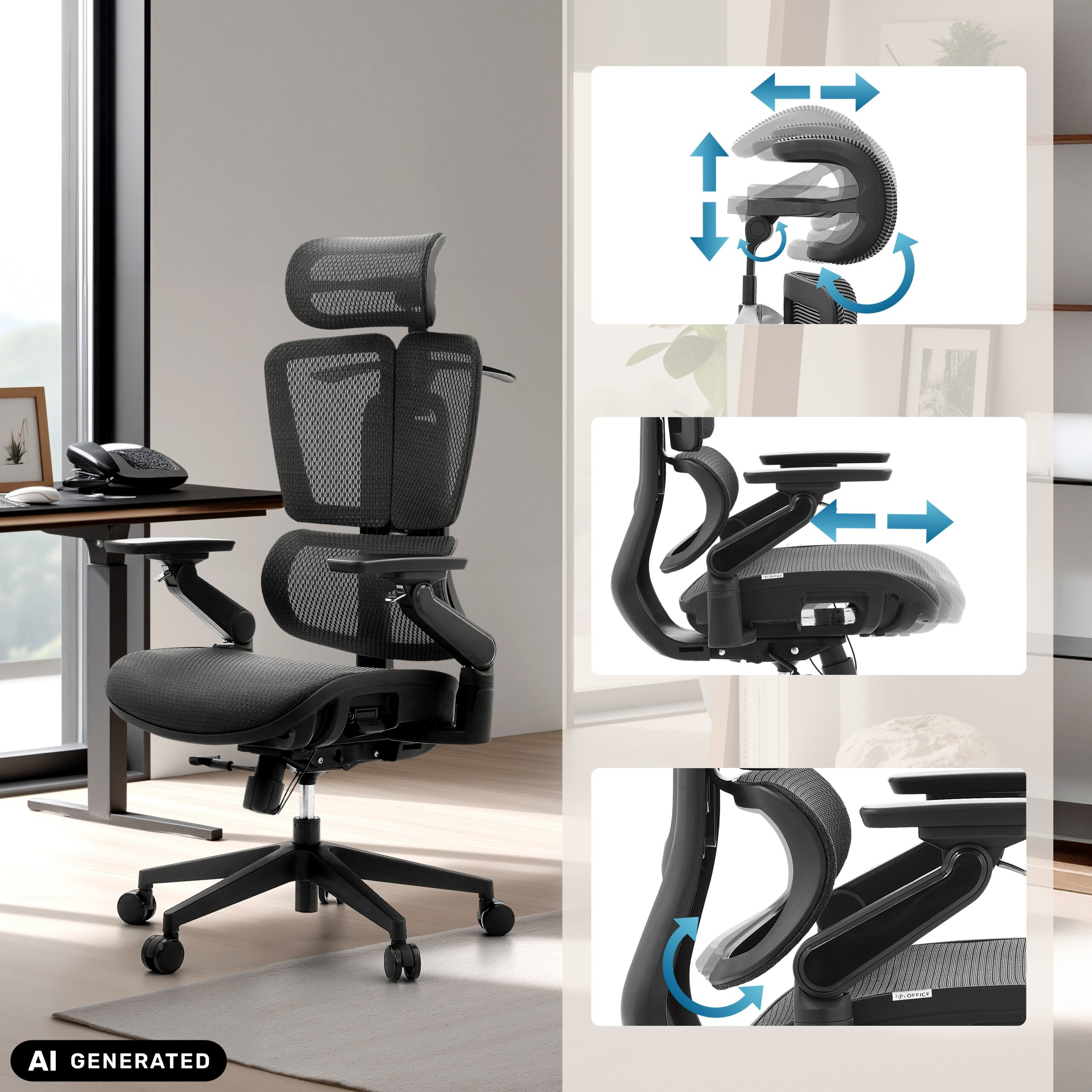 Ergonomischer schwarzer Bürostuhl mit verstellbarer Kopfstütze, Rückenlehne und Armlehnen in einem hellen Raum.