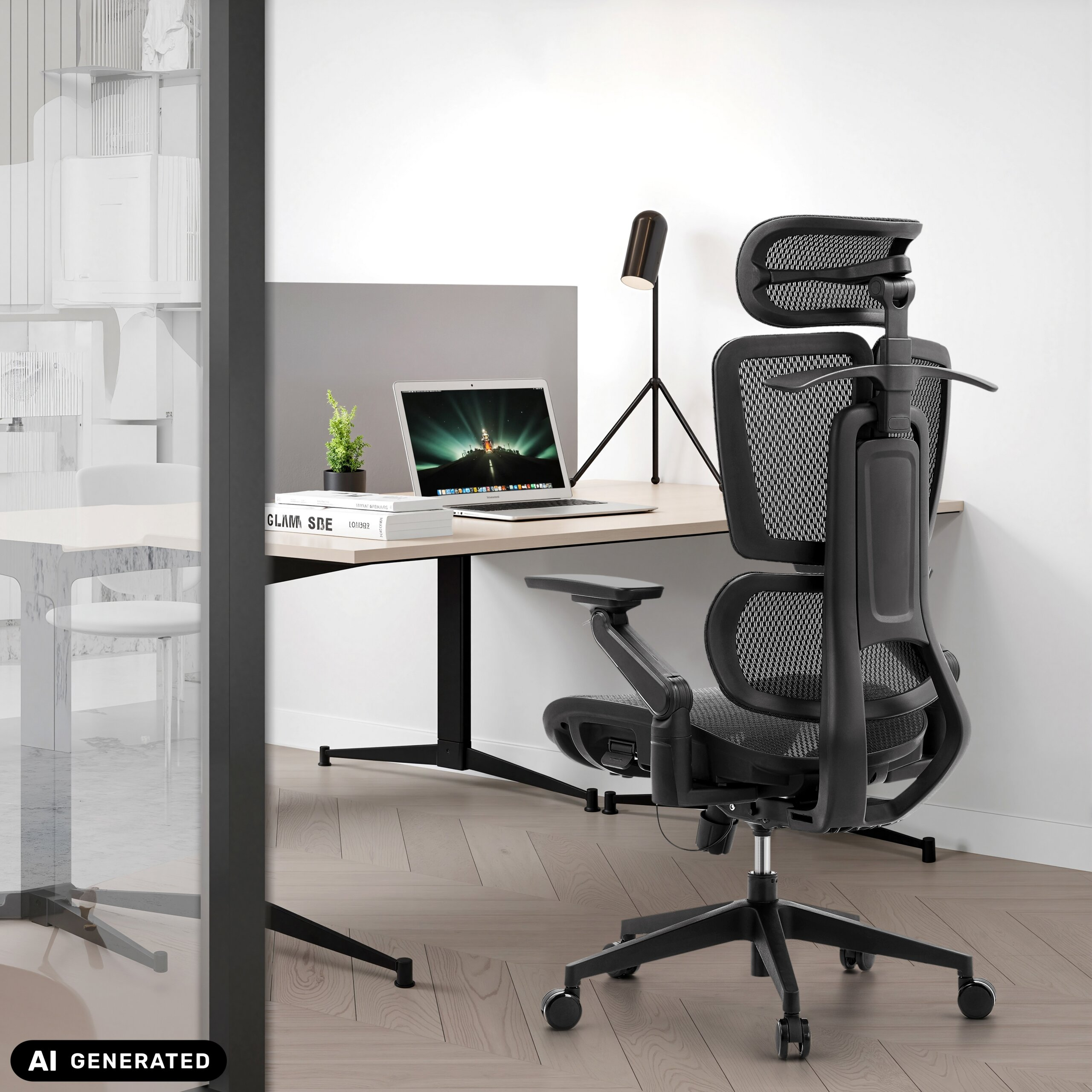Moderner Arbeitsplatz mit schwarzem Ergonmiestuhl, Laptop, Lampe und Pflanze auf hellem Holzboden.