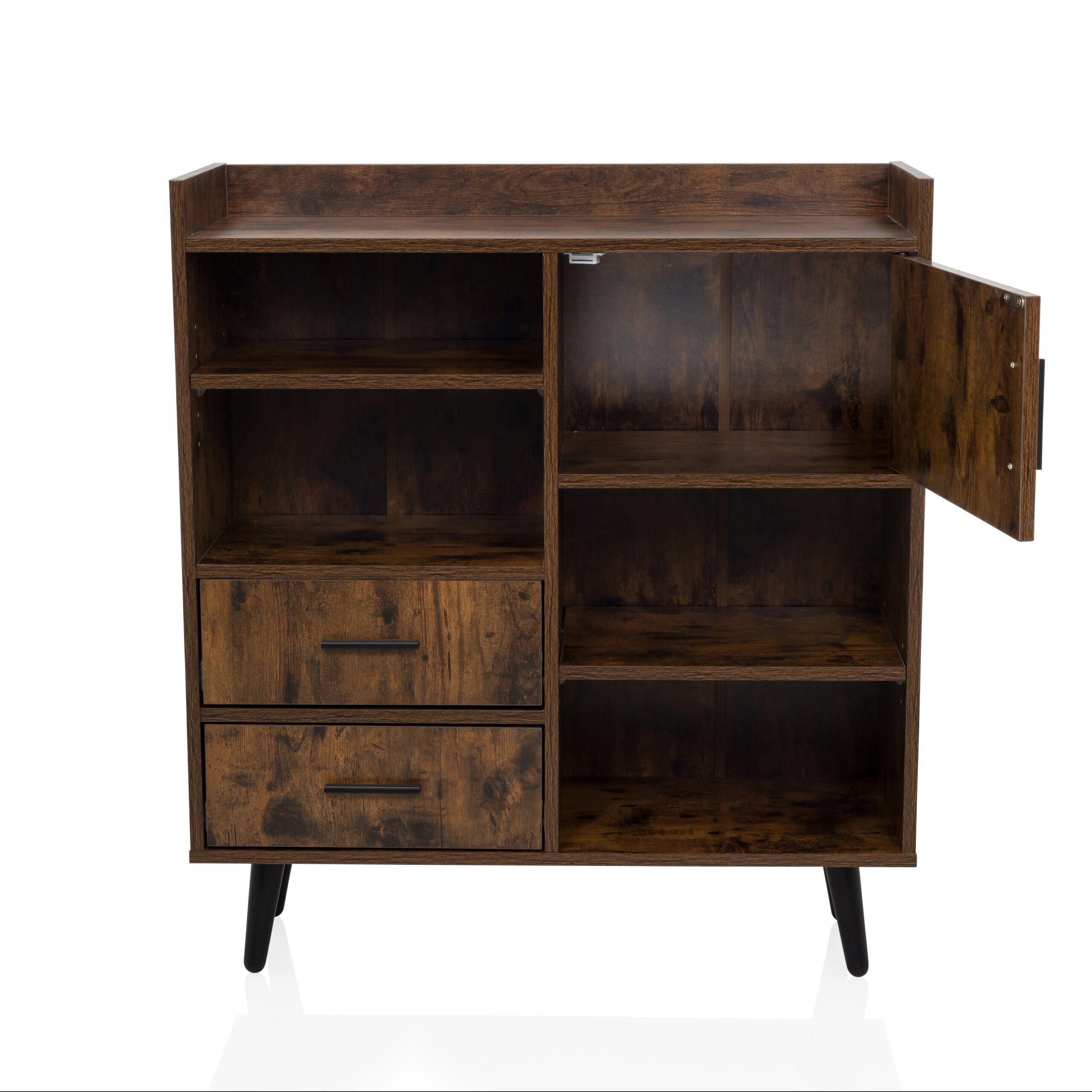 Rustikaler brauner Holzschrank mit offenen Regalen, zwei Schubladen und einer halb offenen Tür auf schwarzen Beinen.