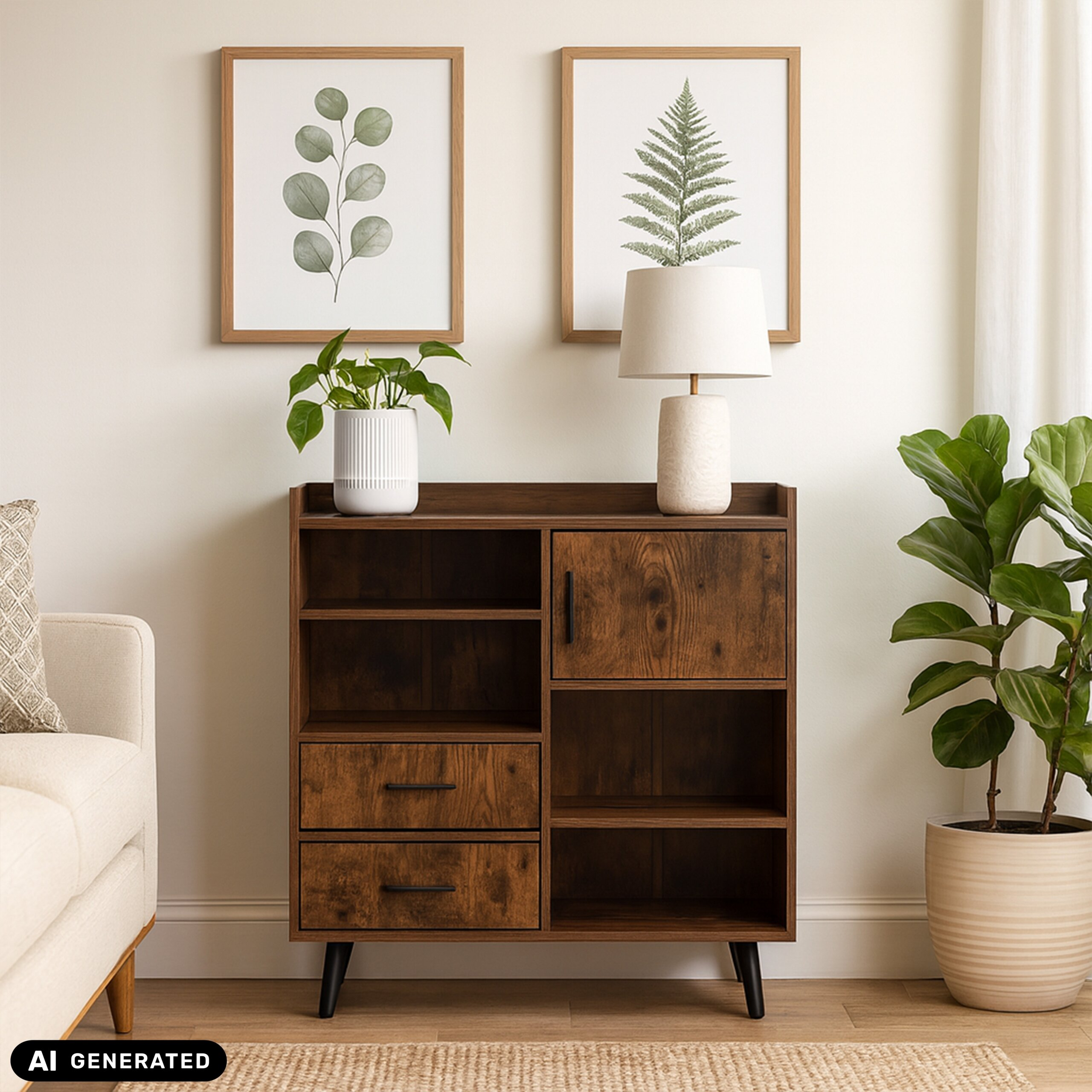 Ein brauner Holzschrank mit Pflanzen, Lampe und gerahmten Bildern an der hellen Wand.