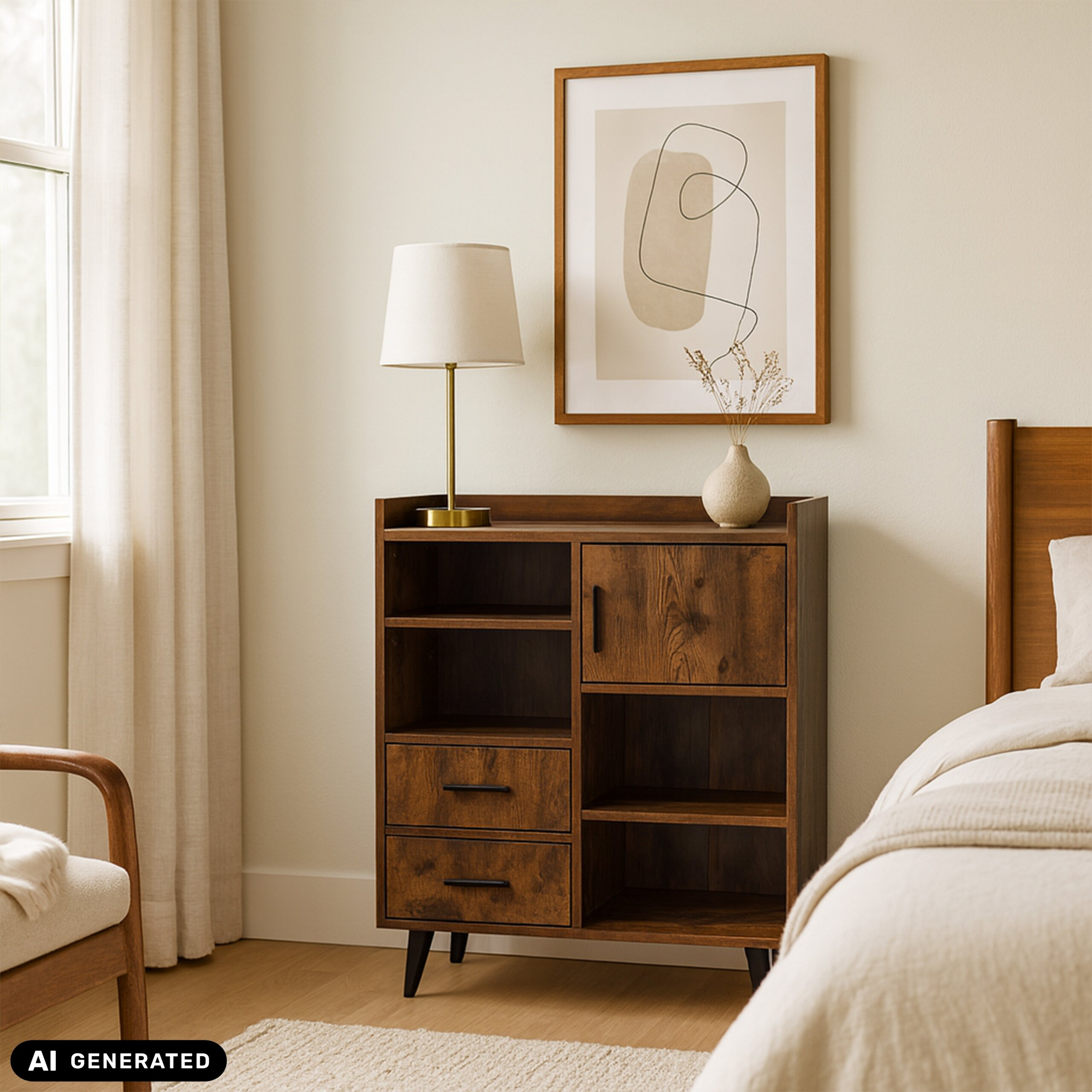 Ein Holzschrank mit Regalen, Schubladen, Lampe und Vase in einem Schlafzimmer neben einem Bett.
