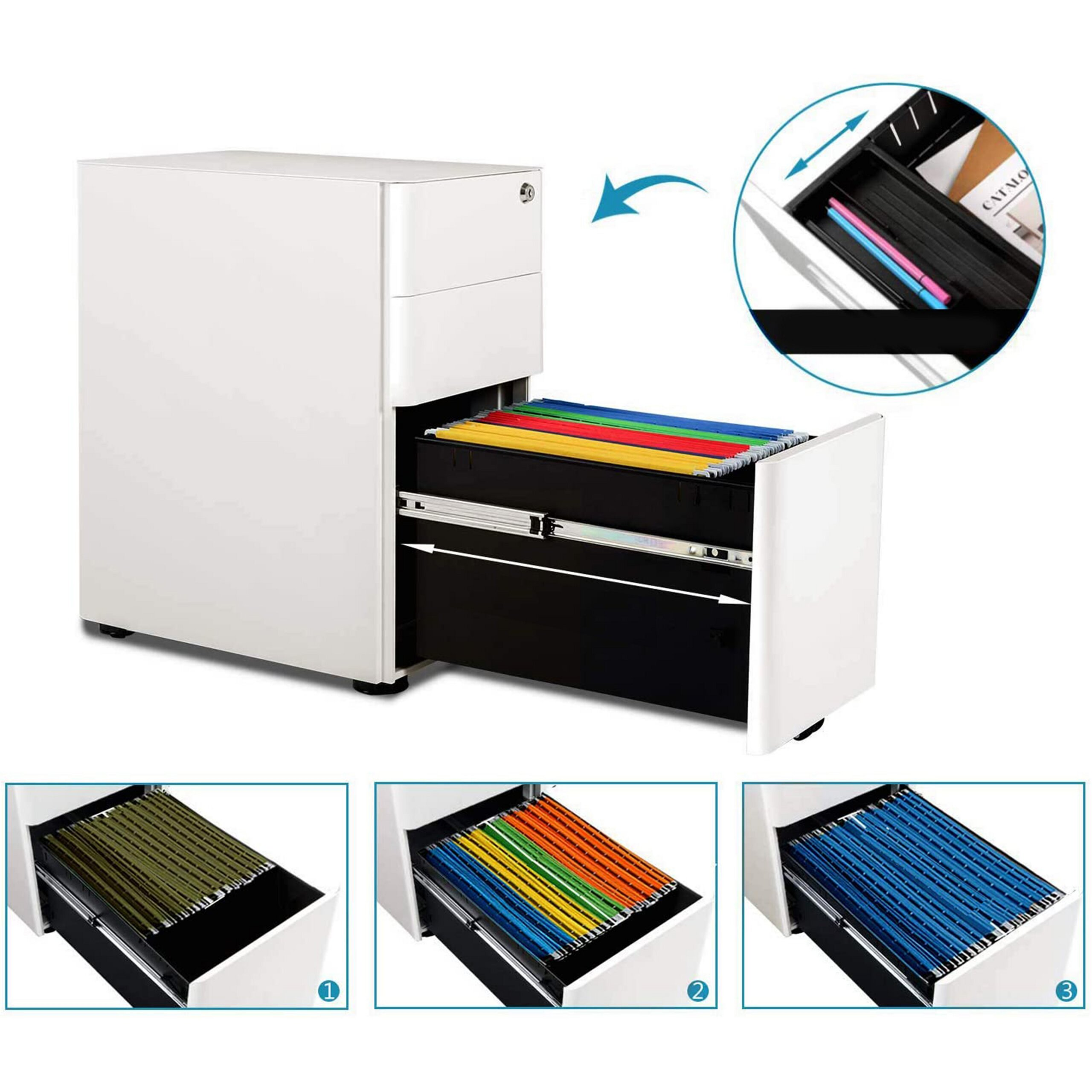 Weißer Aktenschrank mit ausziehbarem Fach, bunten Hängemappen und oberem Stiftefach.