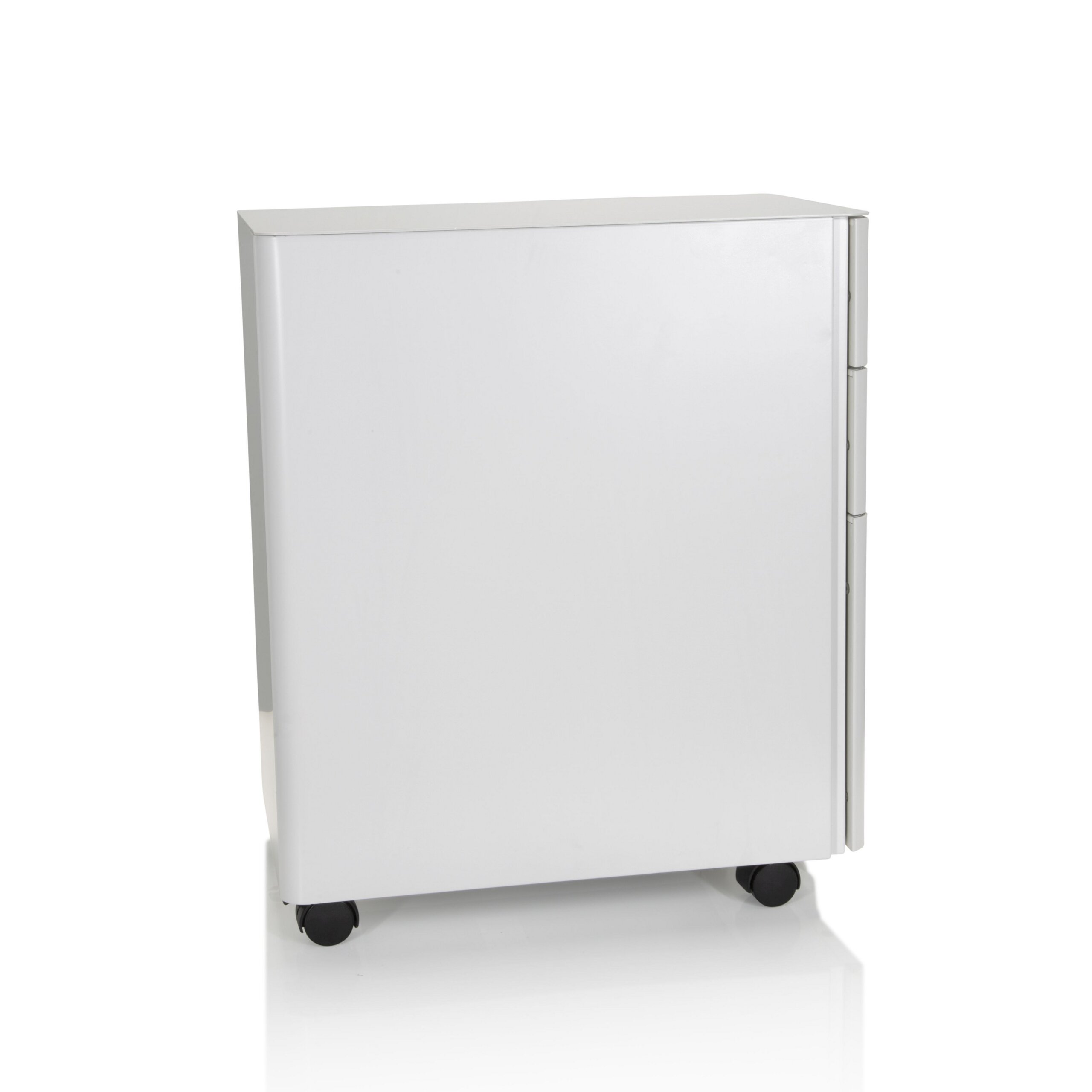 Ein weißer, schmaler Rollcontainer mit kleinen schwarzen Rollen auf weißem Hintergrund.