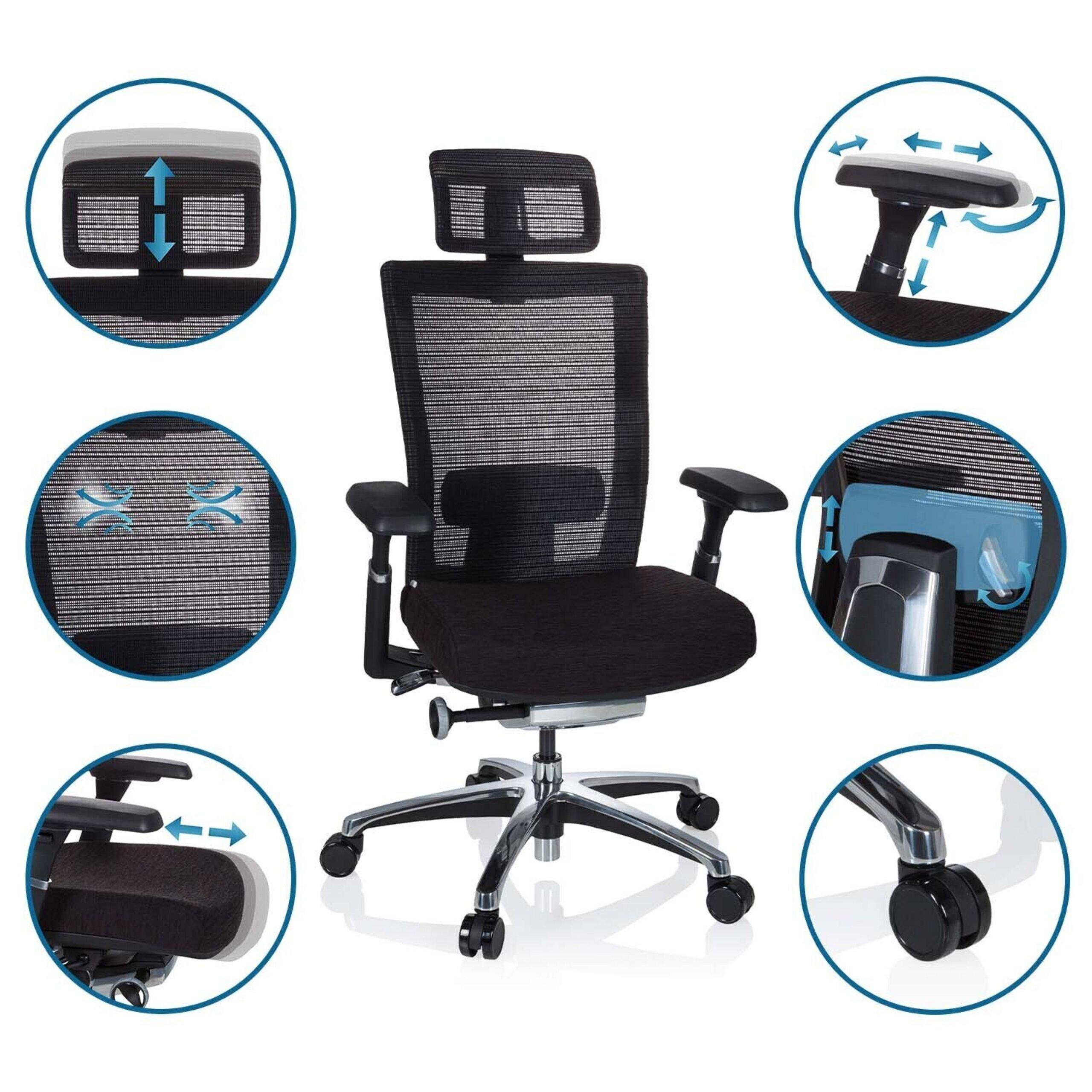 Schwarzer ergonomischer Bürostuhl mit verstellbaren Funktionen wie Kopfstütze, Armlehnen und Lendenwirbelstütze.