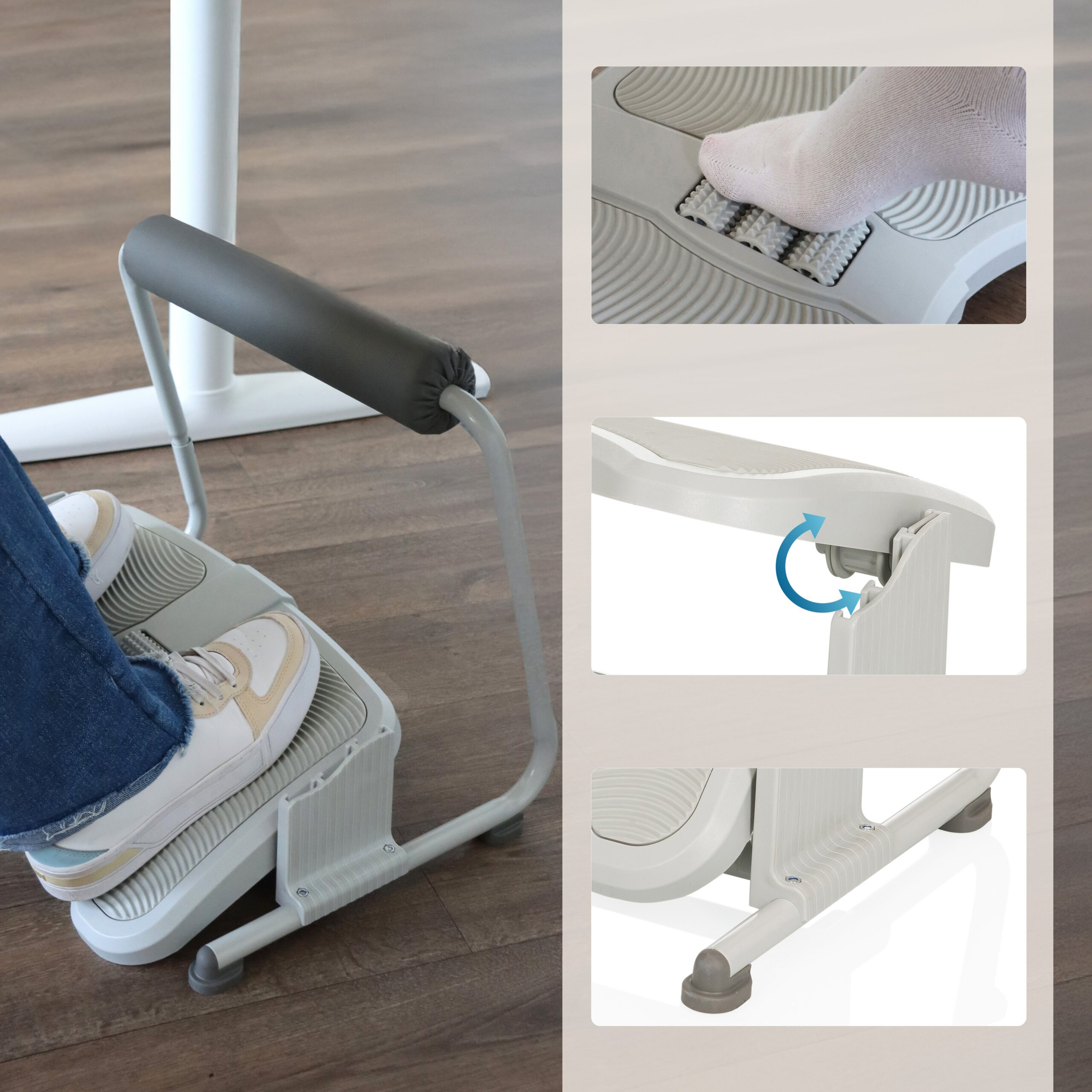 Eine Person nutzt eine ergonomische Fußstütze mit Massage-Rollern und höhenverstellbarer Plattform.