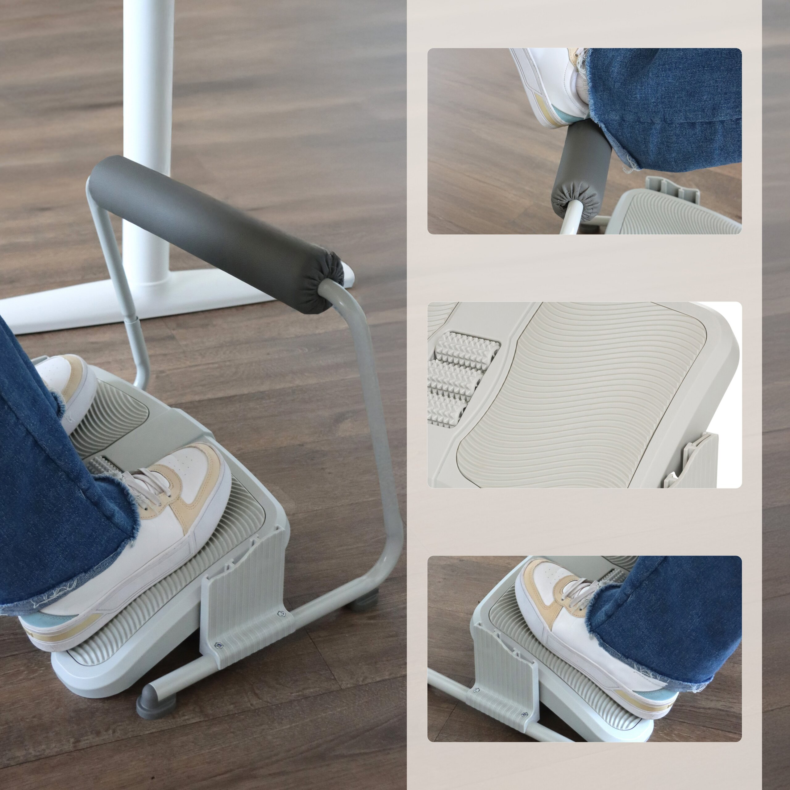 Eine ergonomische Fußstütze mit Beinstütze und Massagerollen, gezeigt mit Füßen in weißen Turnschuhen.