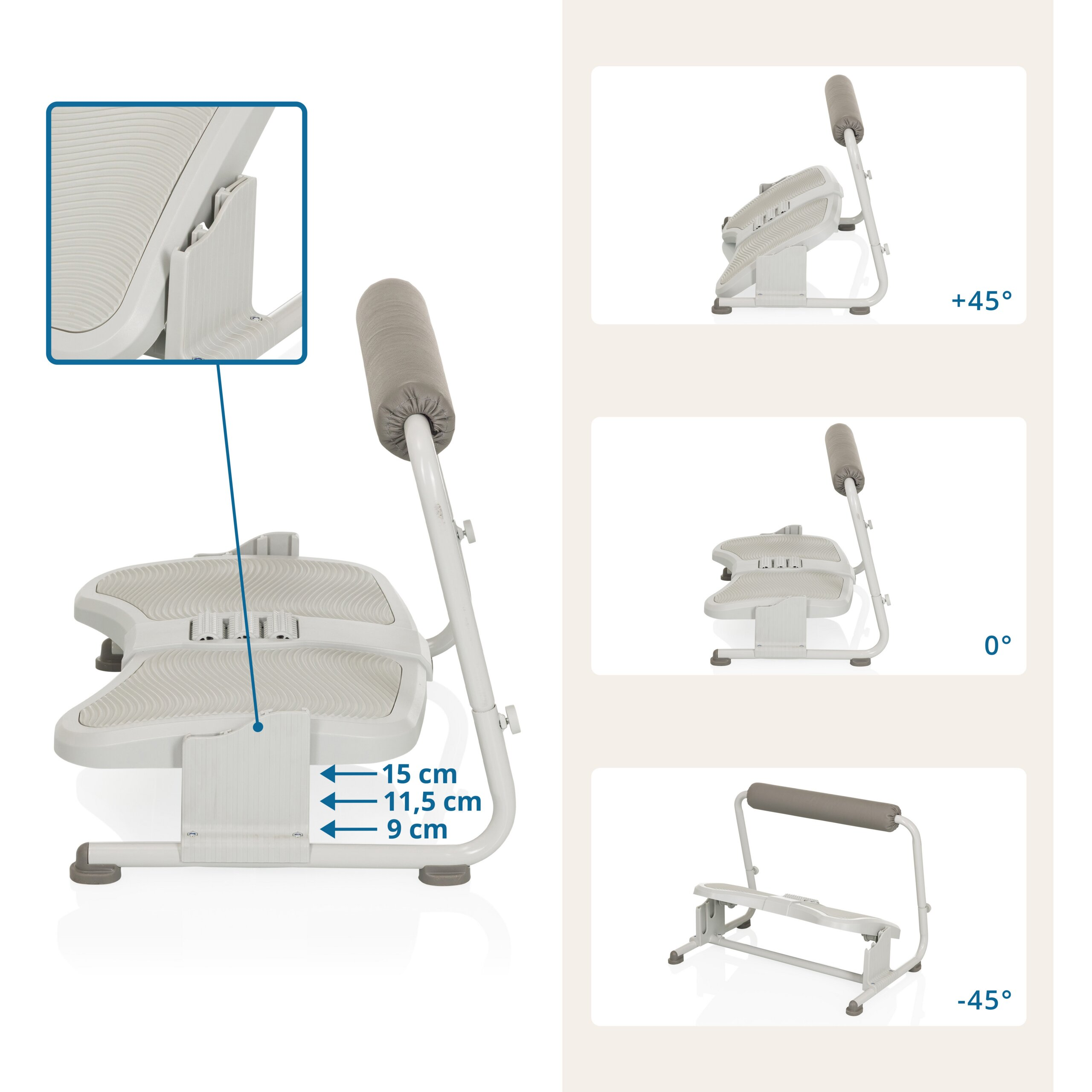 Grauer Fußstütz-Ergometer mit einstellbarer Höhe und Winkeln von -45° bis +45°.