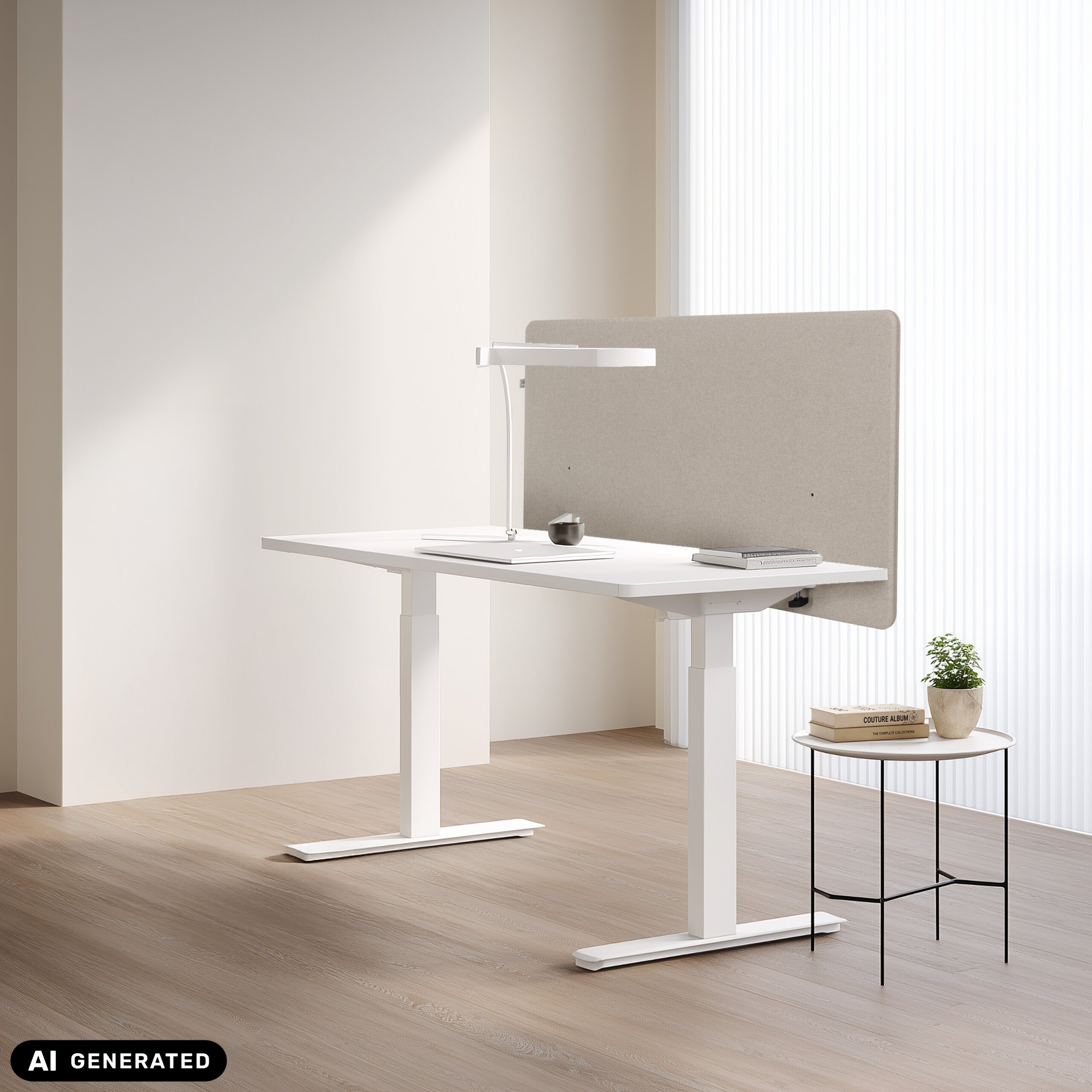 Ein weißer Stehtisch mit Lampe, Trennwand und einem kleinen Beistelltisch mit Büchern und einer Pflanze auf Holzboden.