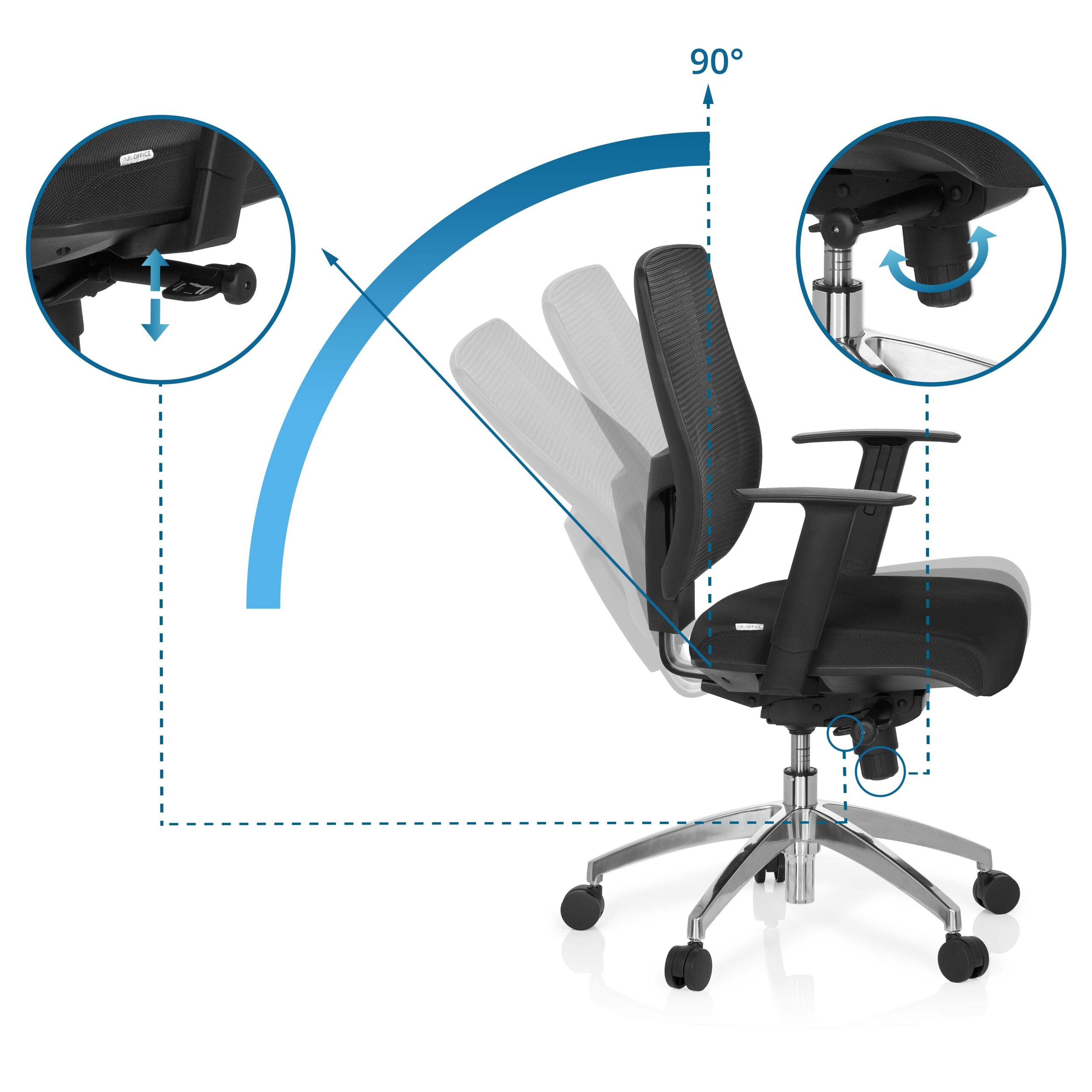 Diagramm zeigt die Neigungsverstellung eines ergonomischen schwarzen Bürostuhls.