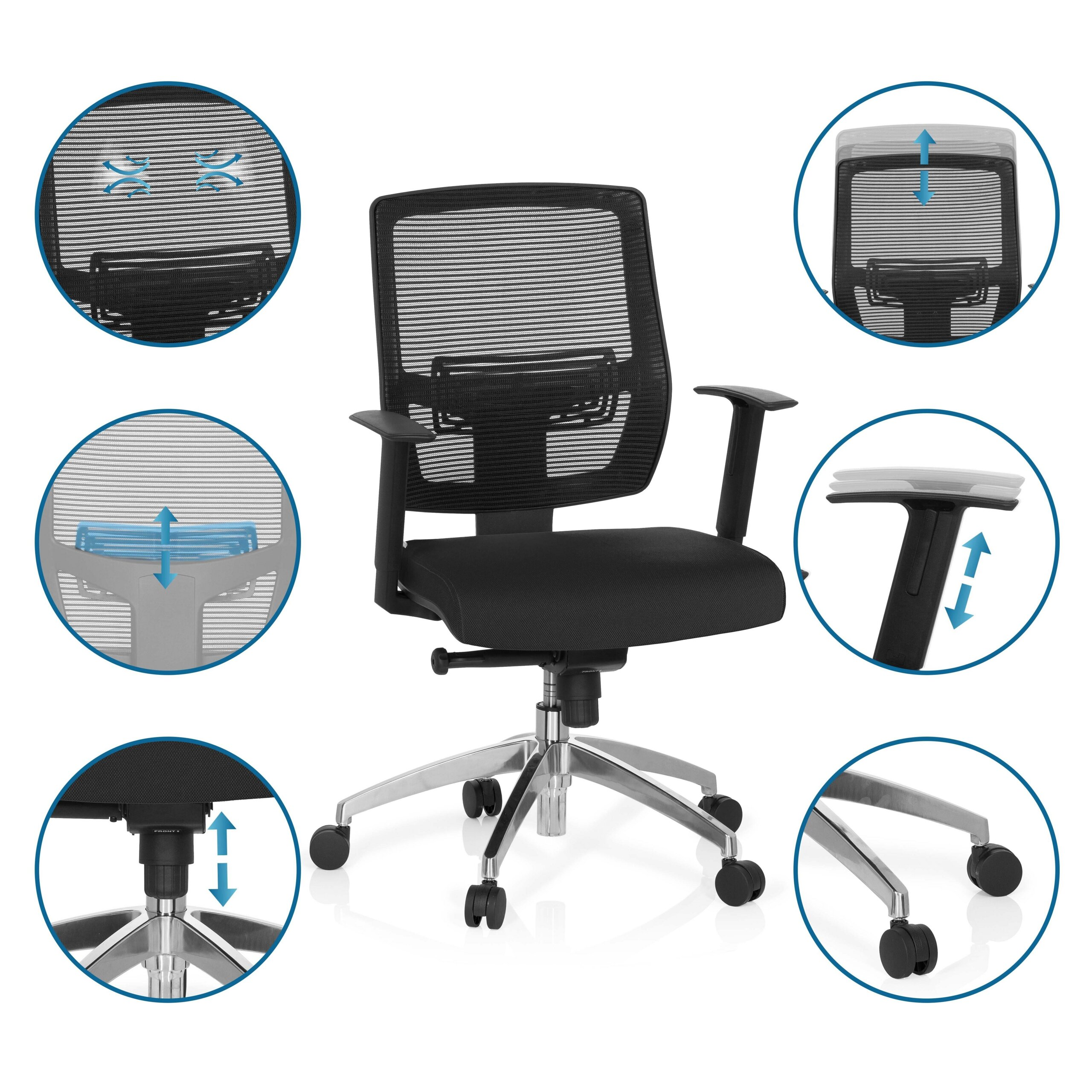 Ergonomischer schwarzer Bürostuhl mit Rollen und verstellbaren Details in Kreisen.