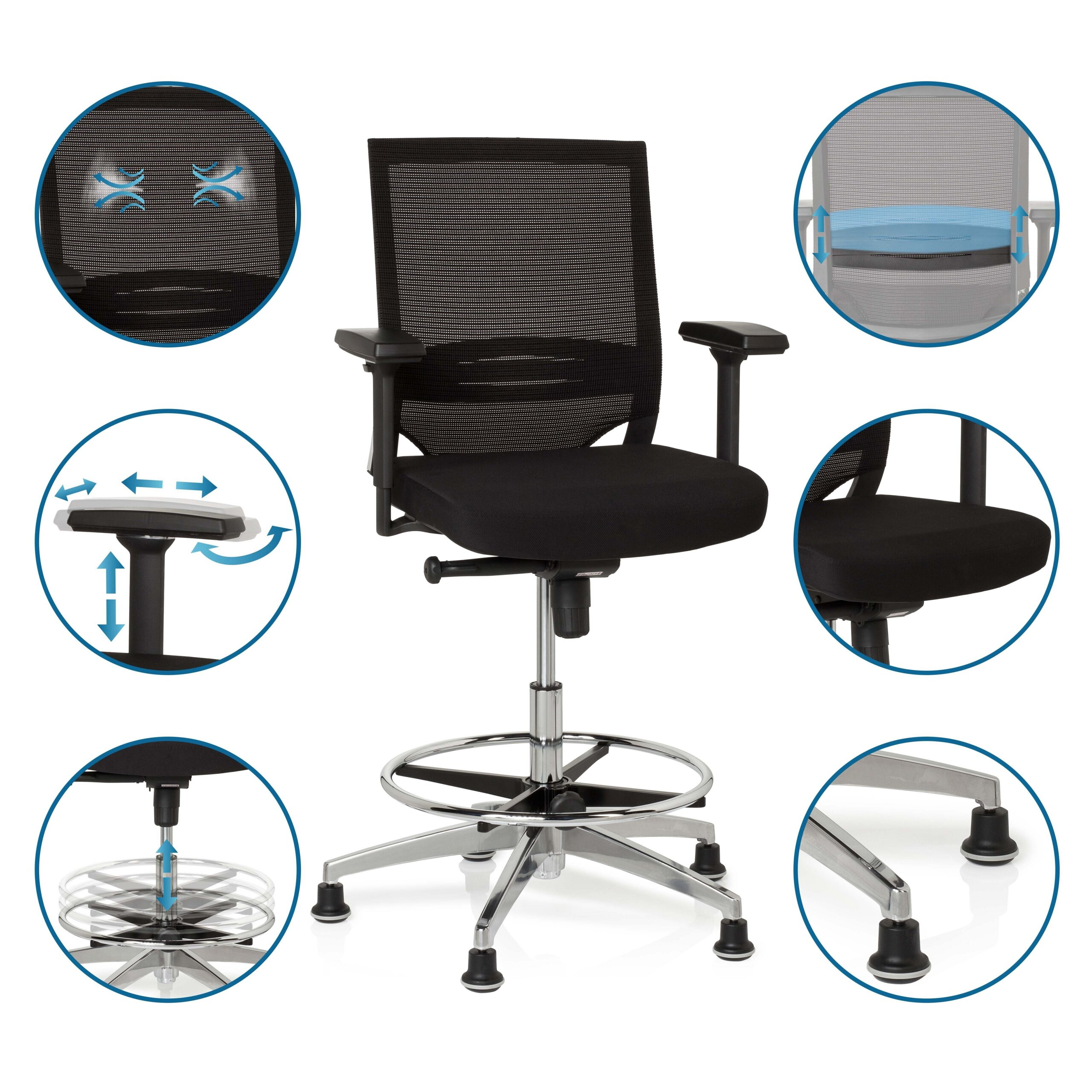 Schwarzer ergonomischer Bürostuhl mit Fußring, Rollen und Detailausschnitten für Verstellfunktionen.