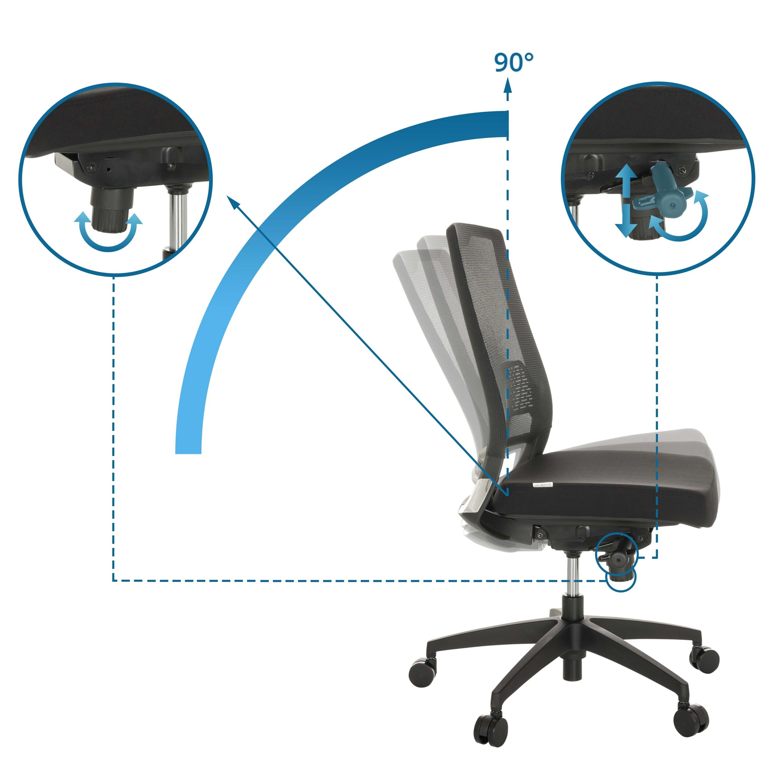 Diagramm zeigt die Neigungsverstellung eines schwarzen Buerostuhls mit 90-Grad-Winkel und Zoom-In-Ansichten.