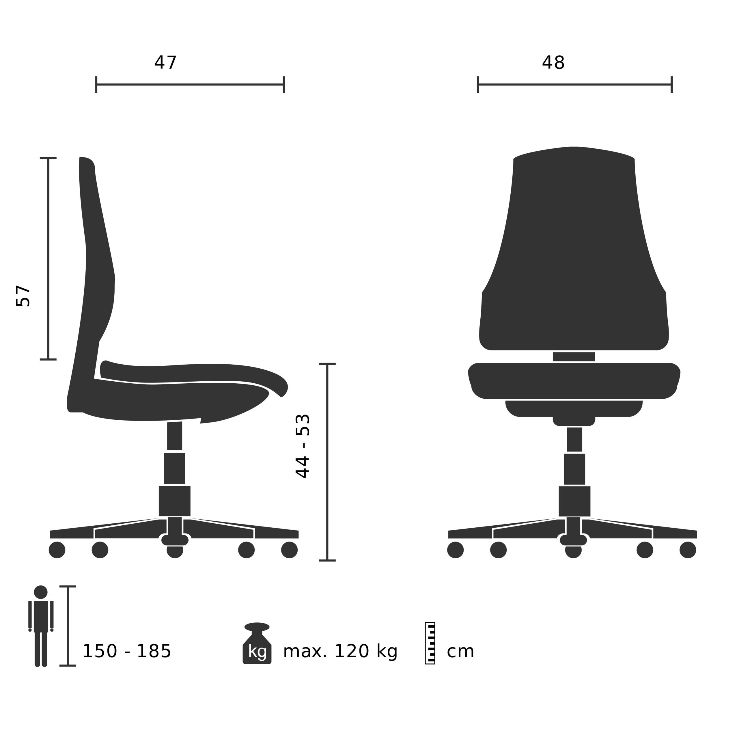 Technische Zeichnung eines Bürostuhls mit Seiten- und Vorderansicht sowie Angaben zu Höhe, Breite und Benutzergewicht.