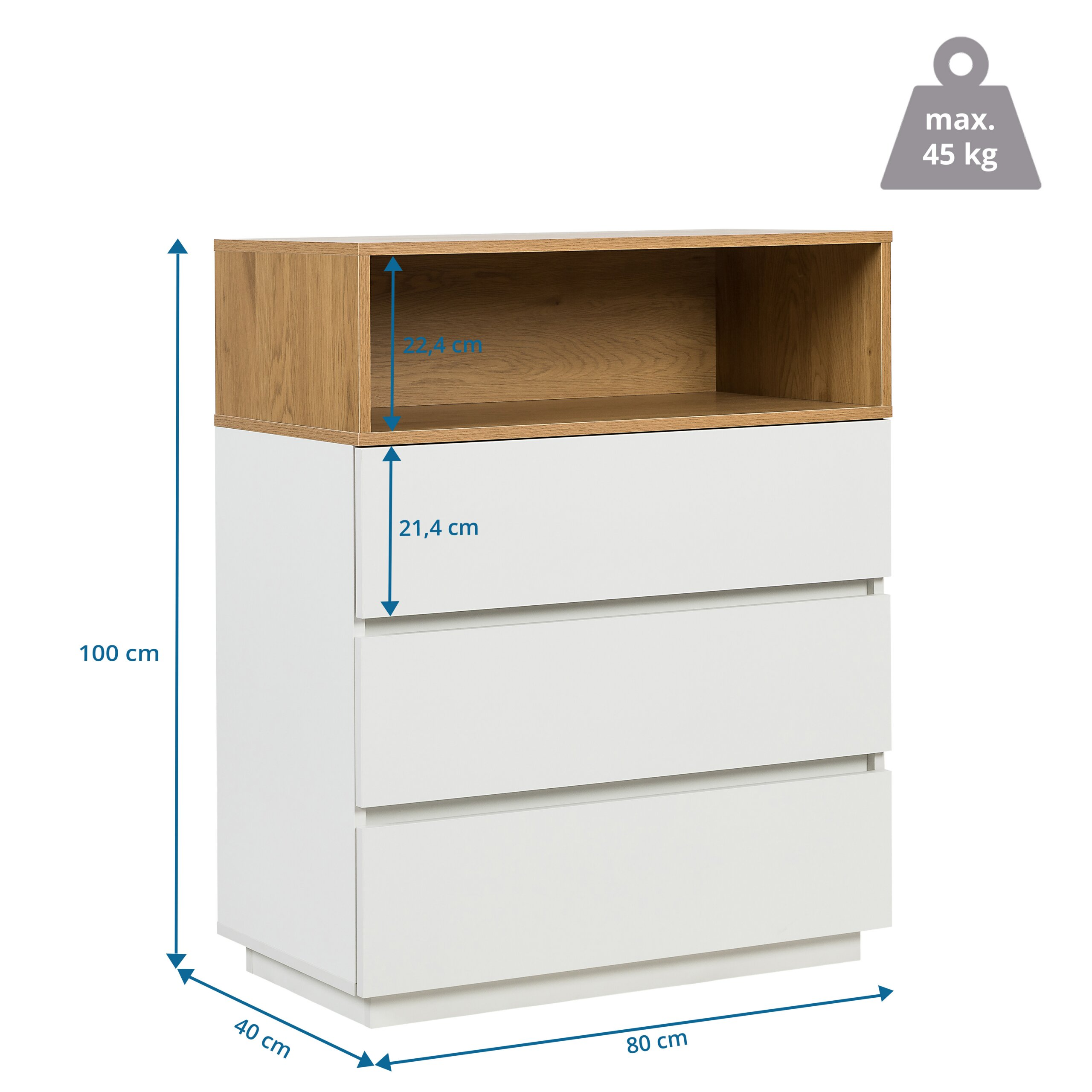 Weiße Kommode mit Holzoberteil und Maßangaben in cm, Gewicht max 45 kg.