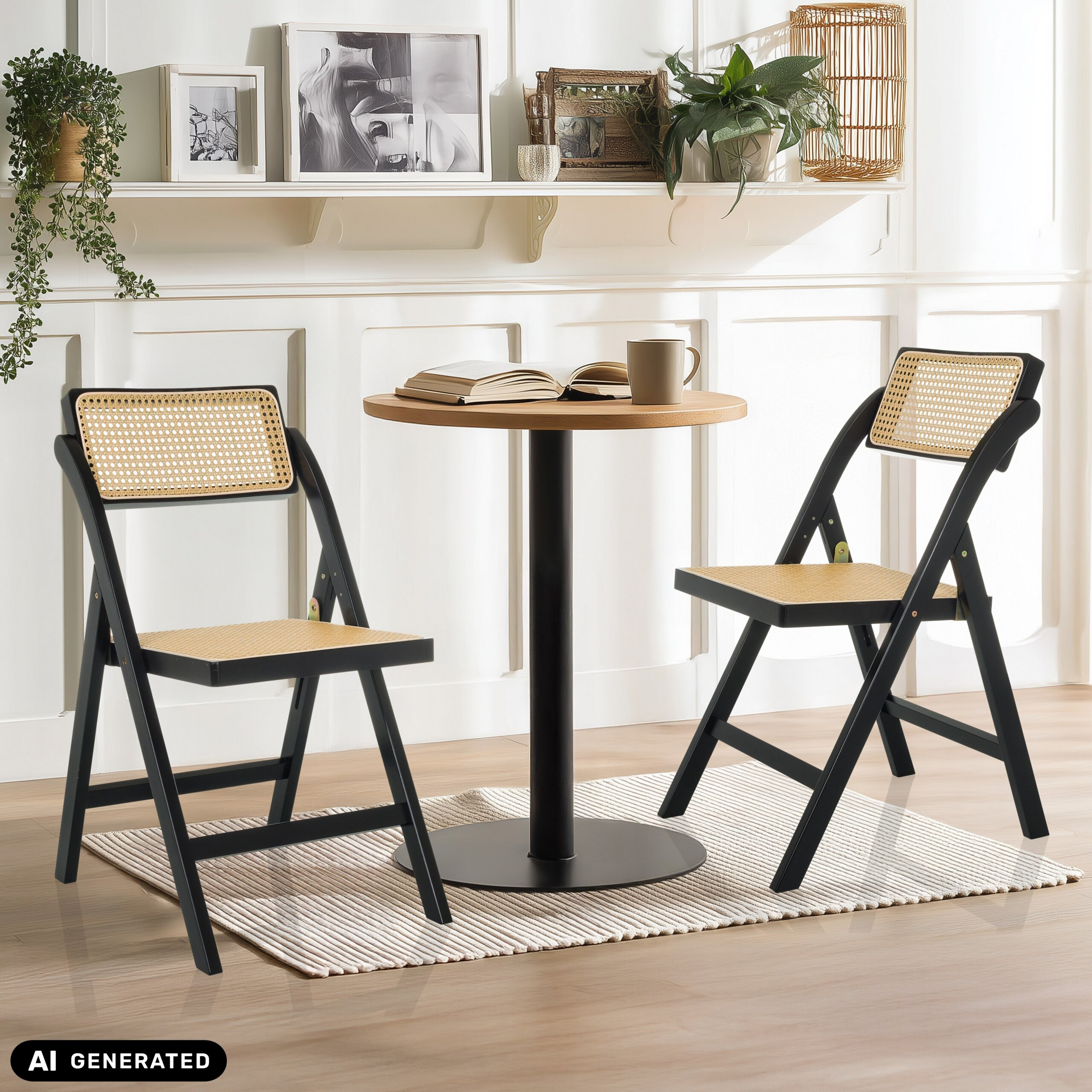 Ein runder Holztisch mit zwei schwarzen Klappstühlen und Rattan-Einsätzen steht auf einem Teppich in einem hellen Raum.