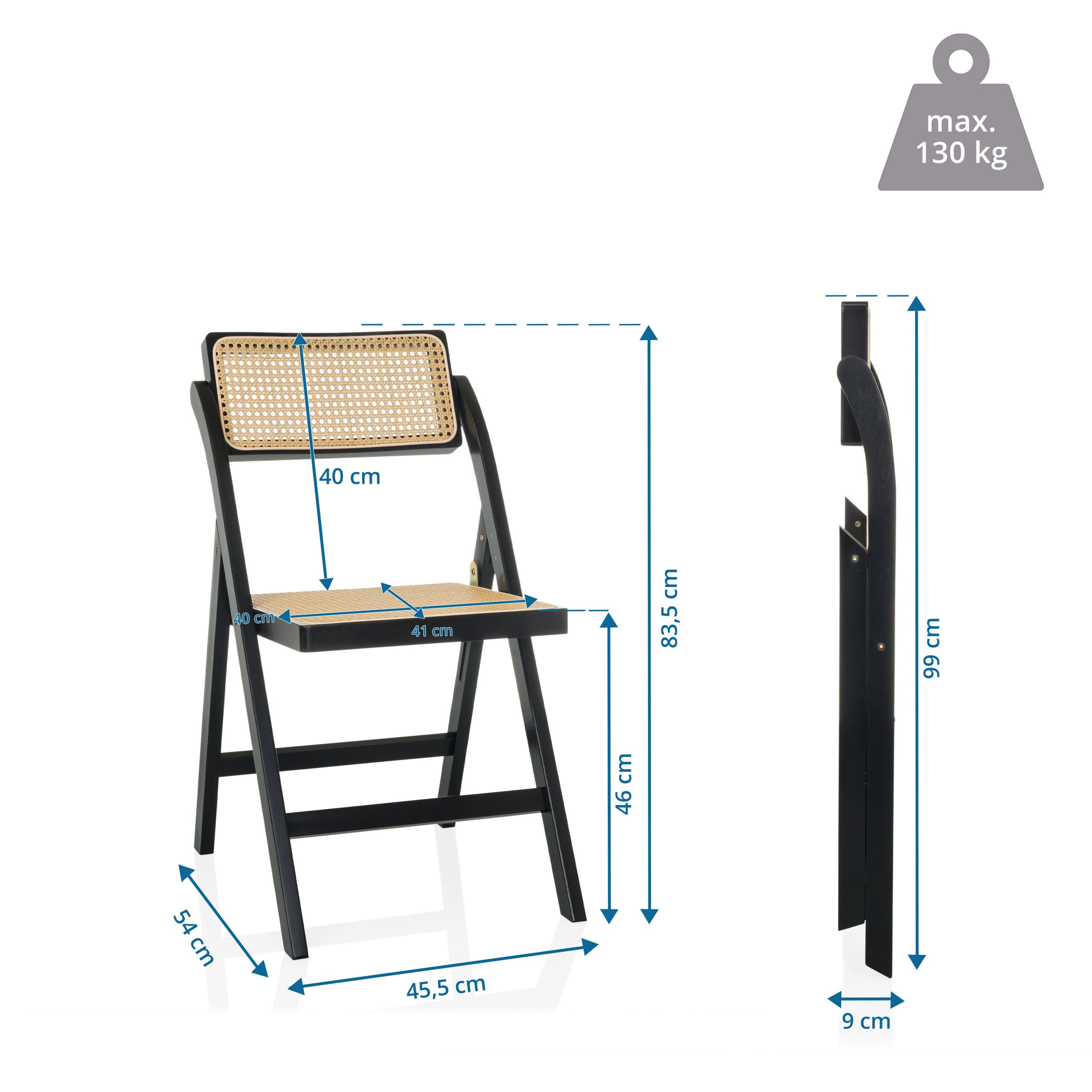 Diagramm eines schwarzen Klappstuhls mit Wiener Geflecht, Maßen und Angabe von max. 130 kg Tragkraft.