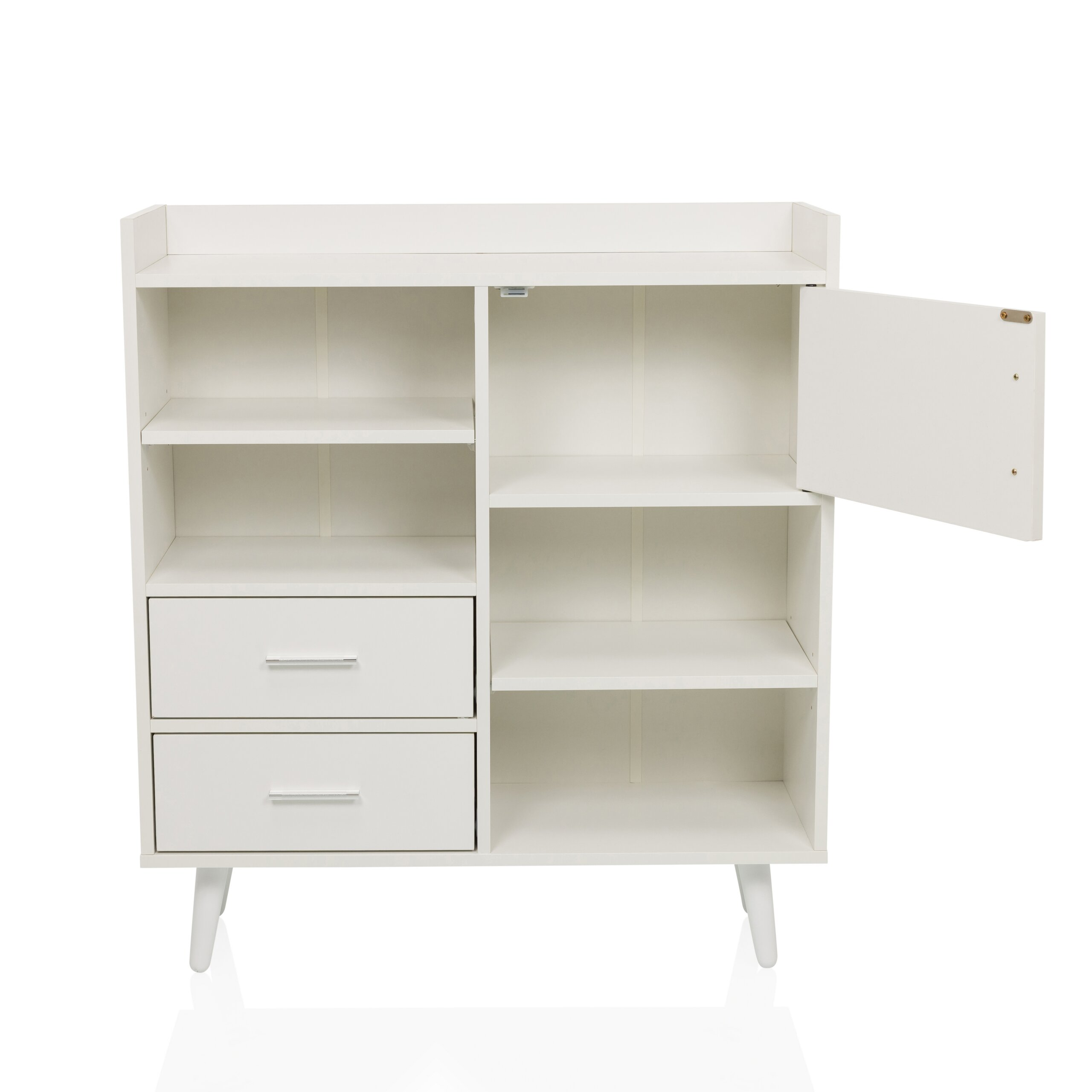 Ein weißer Holzschrank mit Beinen, Regalen, zwei Schubladen unten links und einer halboffenen Tür rechts.