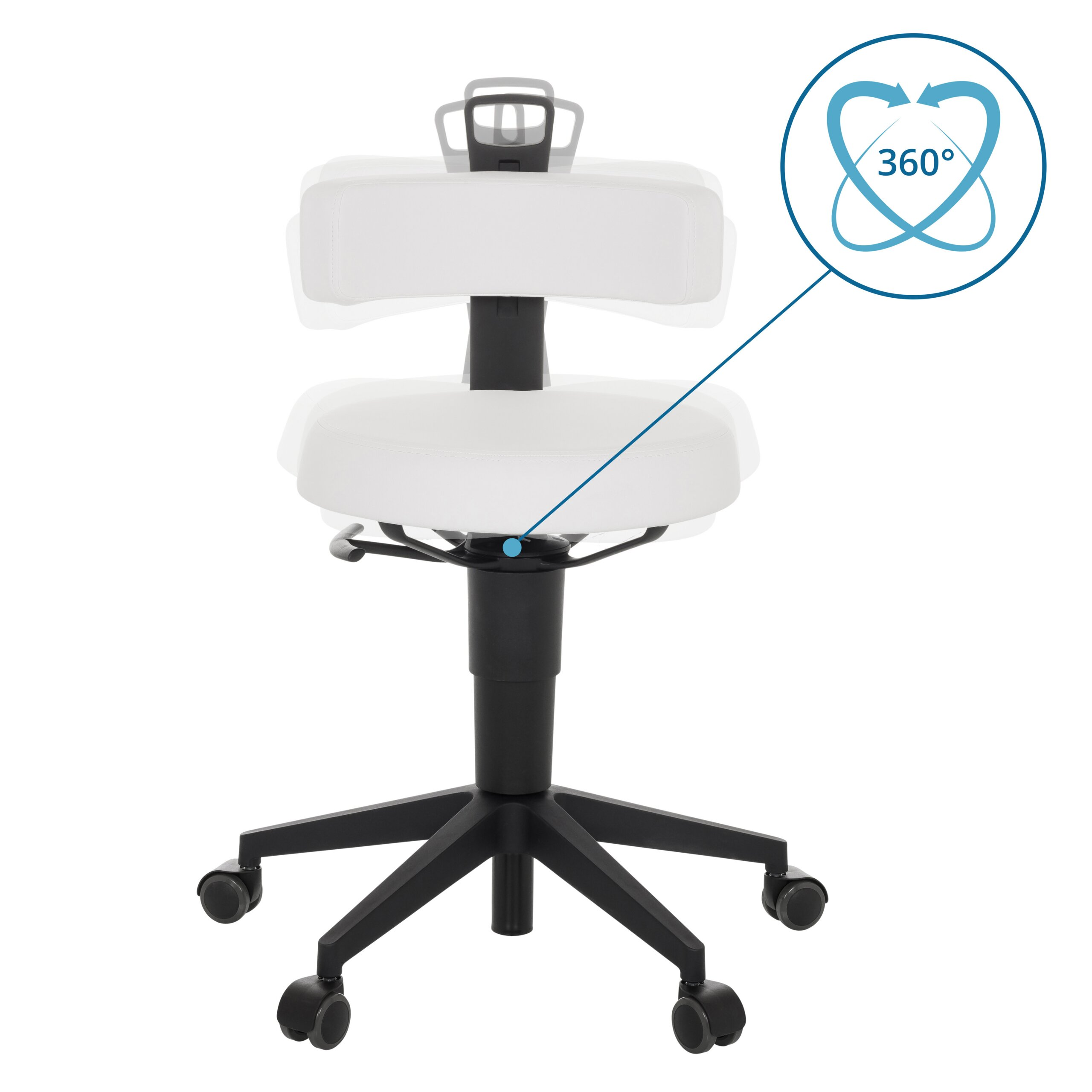 Weißer Bürostuhl auf Rädern mit schwarzem Gestell und einem 360-Grad-Drehsymbol.