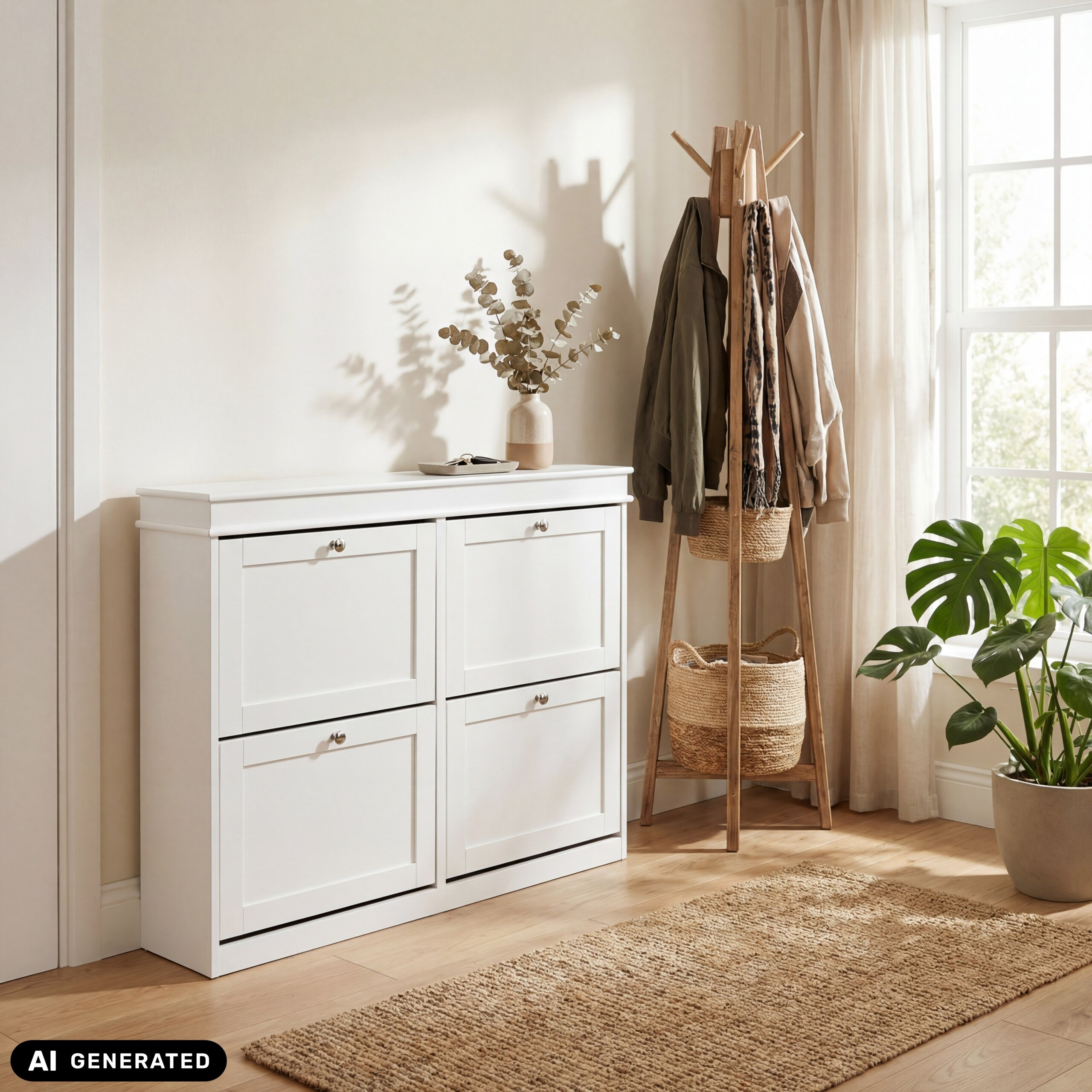 Heller Flur mit weißem Schuhschrank, Holzgarderobe, Topfpflanze und Teppich.
