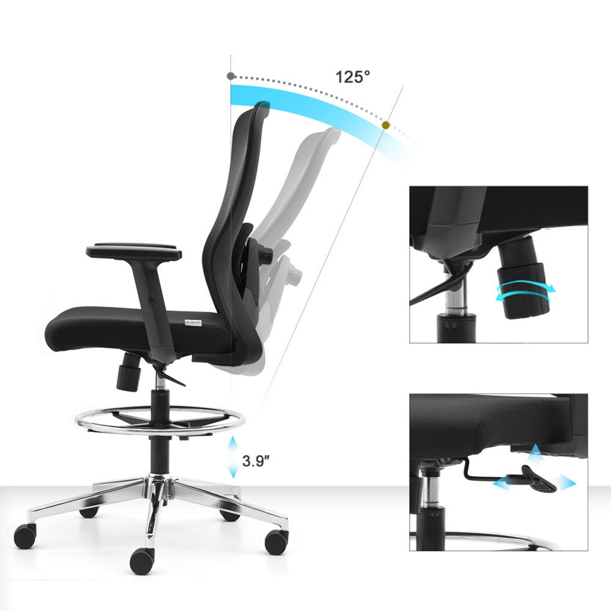 Diagramm eines schwarzen ergonomischen Stuhls mit 125 Grad Neigung und Fußstütze.