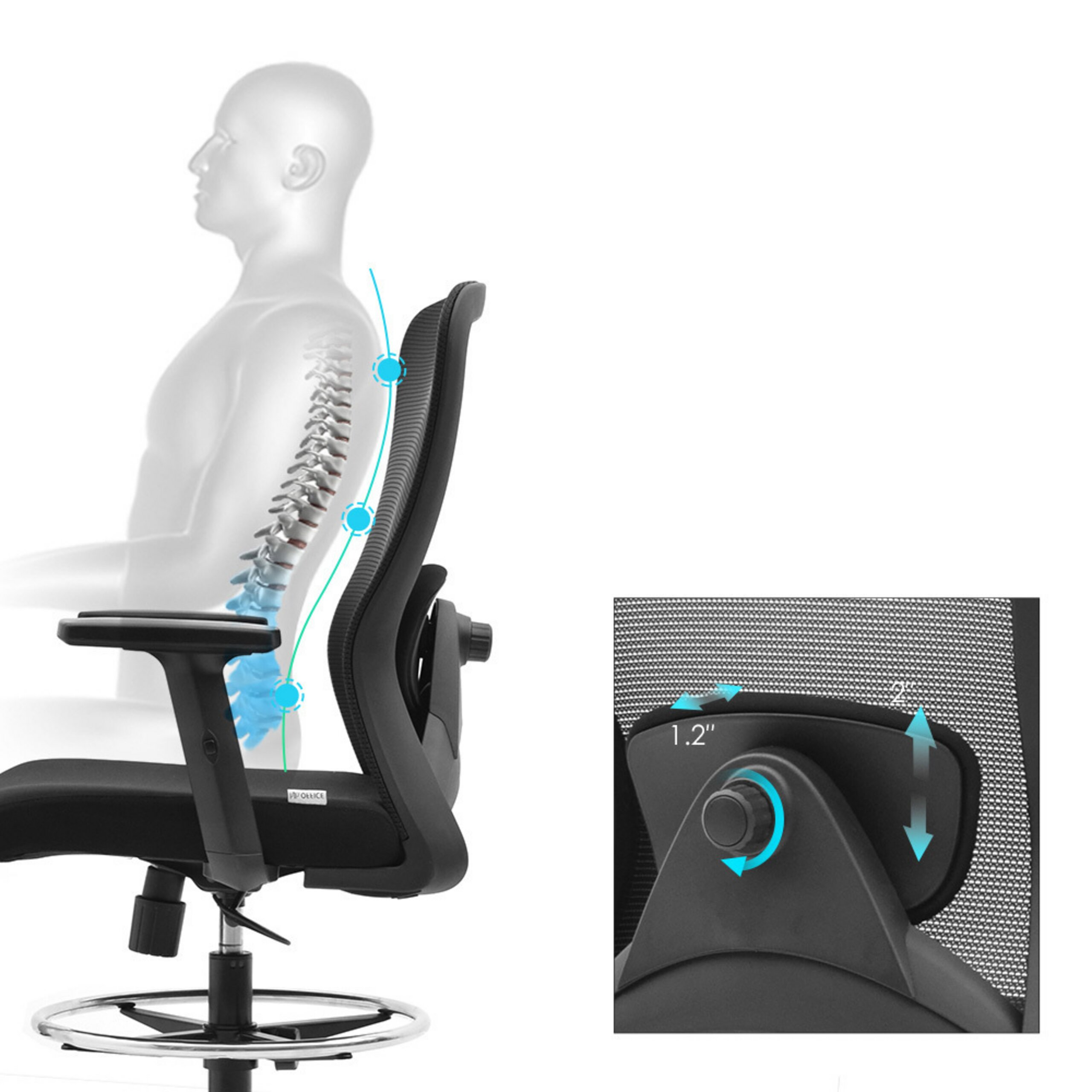 Diagramm zeigt ergonomische Bürostuhl-Lordosenstütze mit menschlicher Wirbelsäule und Einstellungsregler.