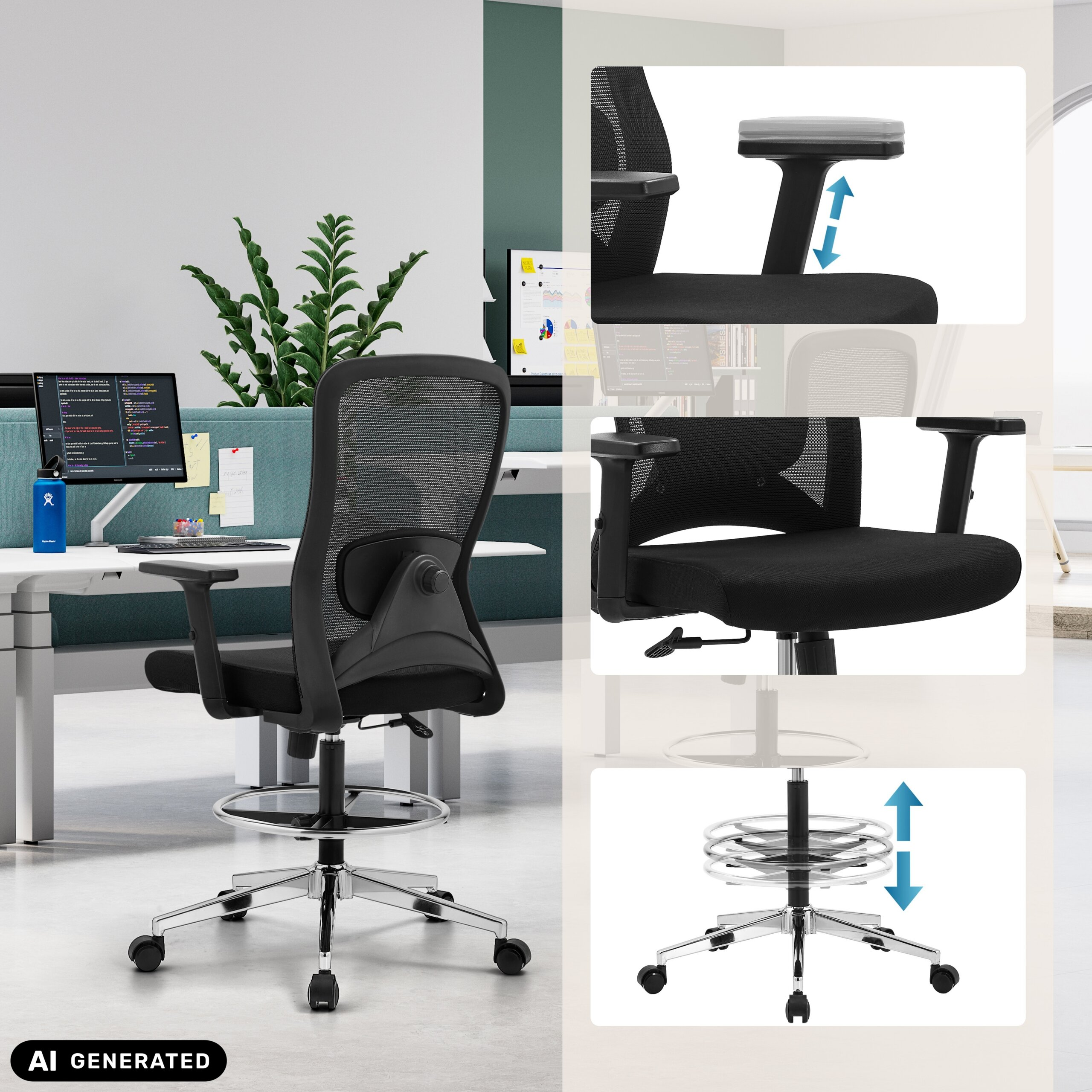 Ein schwarzer ergonomischer Buerostuhl mit Fussring und hoehenverstellbaren Elementen in einem modernen Buero.