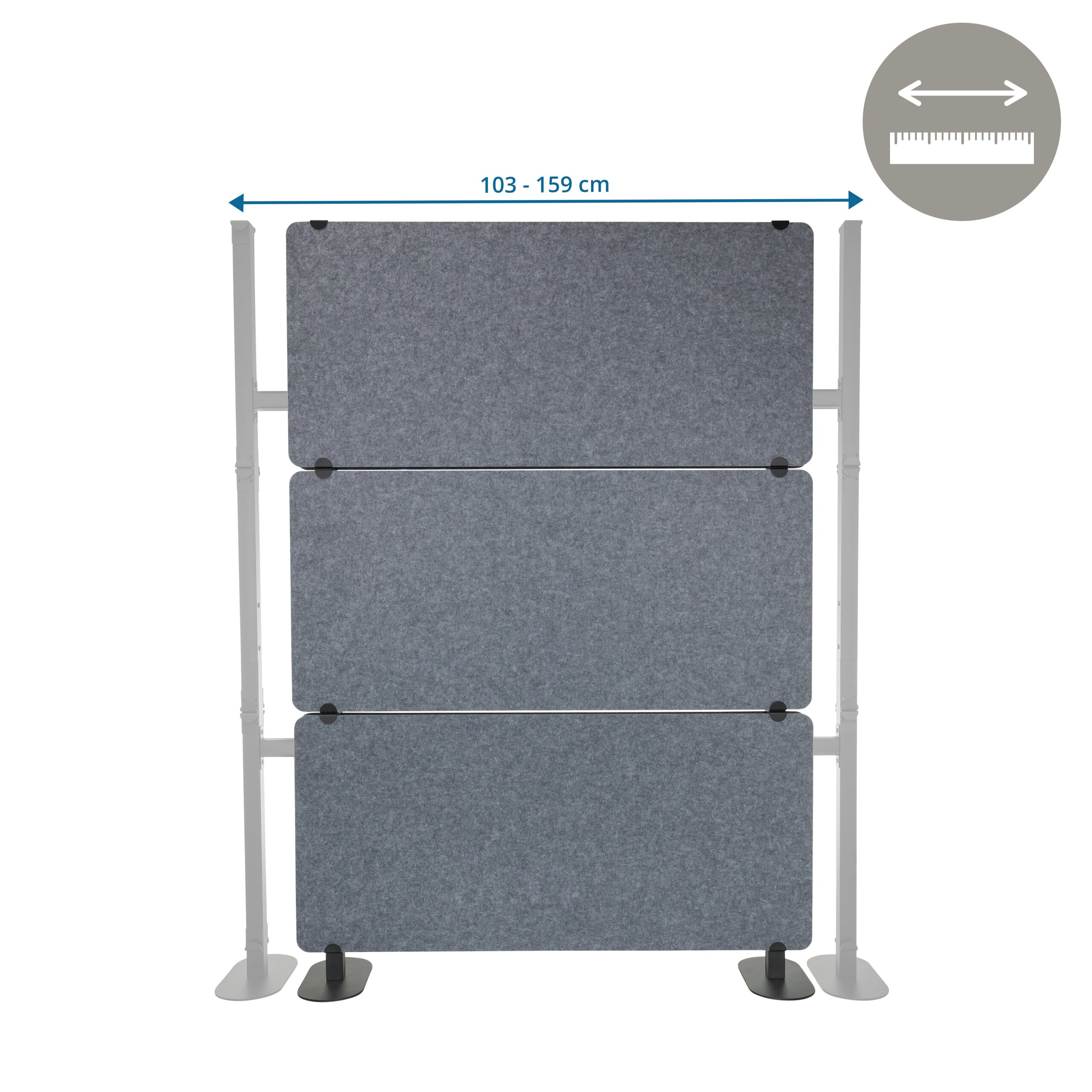 Grauer Akustik-Raumteiler mit drei Paneelen und verstellbarer Breite von 103 bis 159 cm.