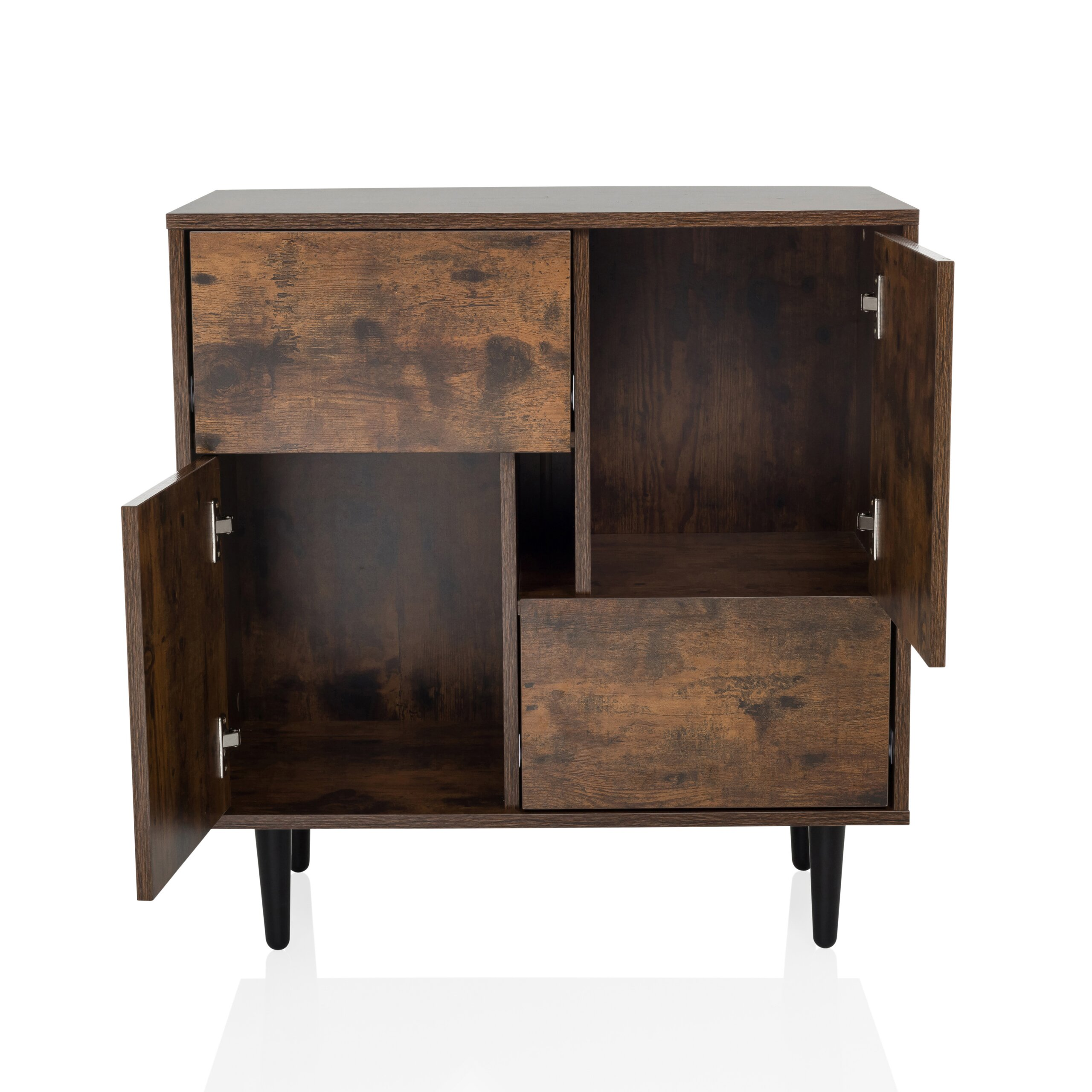 Ein rustikaler Schrank aus dunklem Holz mit schwarzen Beinen, zwei offenen Türen und asymmetrischen Fächern.