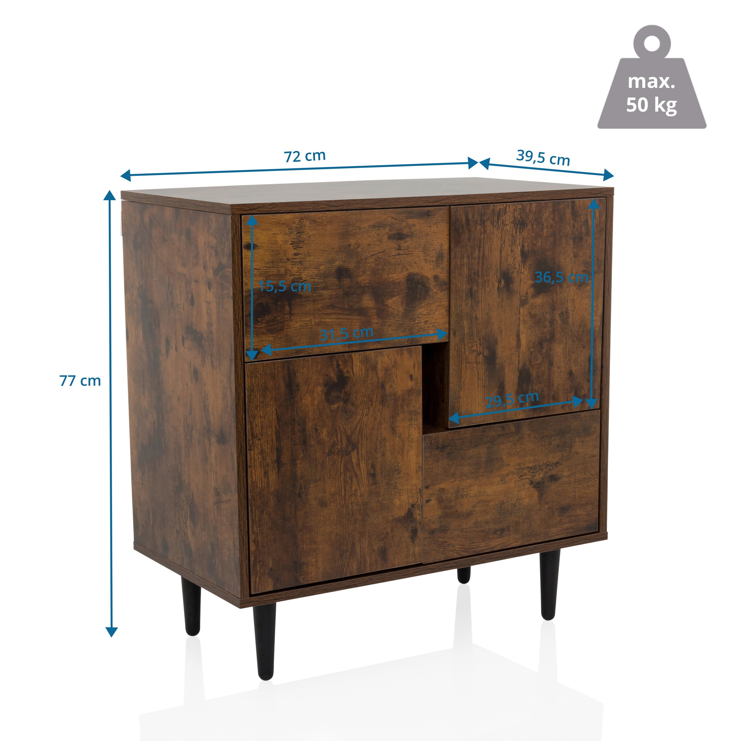 Brauner Holzschrank mit schwarzen Beinen und Maßlinien, max. 50 kg Last.