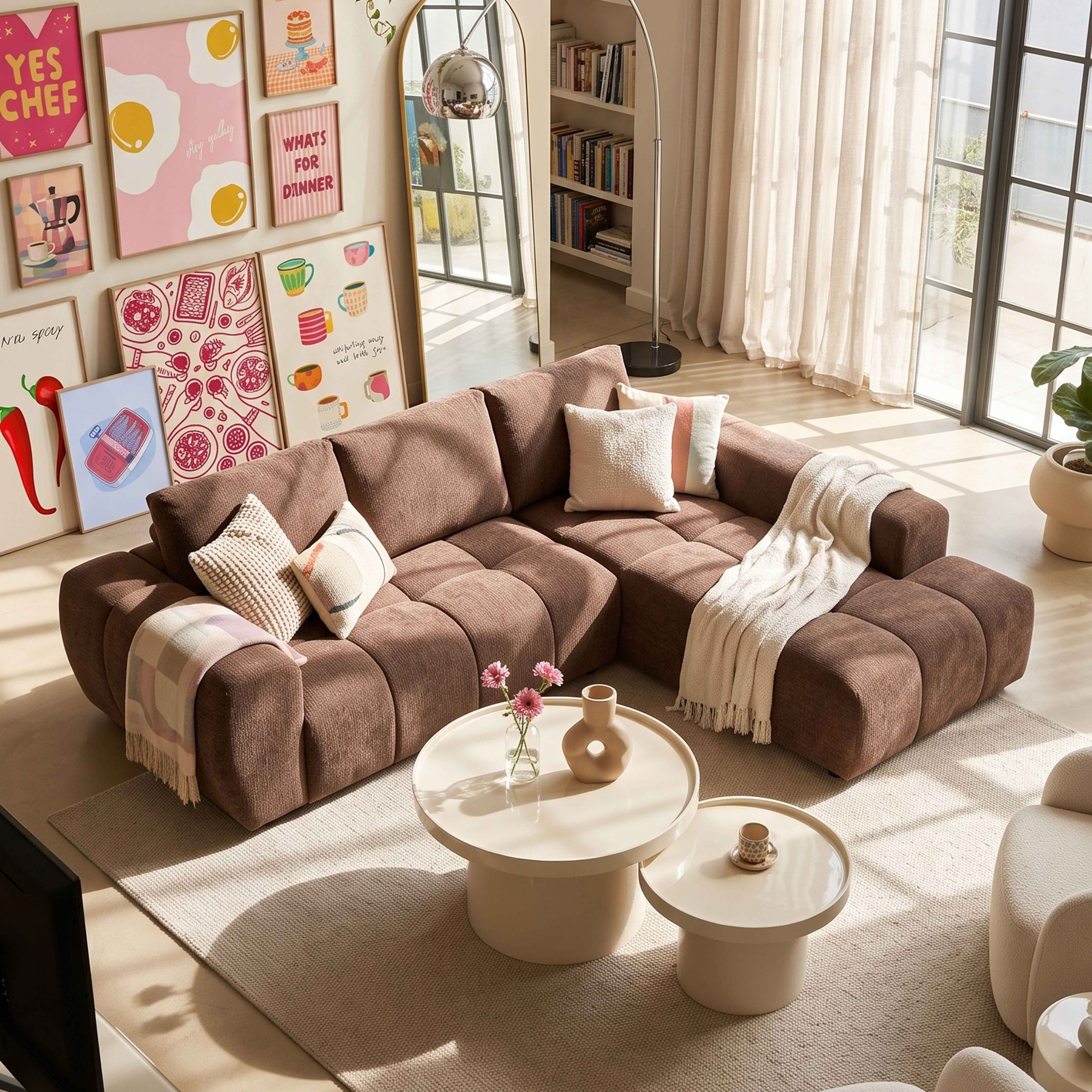 Wohnzimmer mit braunem Ecksofa, zwei runden Couchtischen, bunten Postern an der Wand und hellem Teppich.