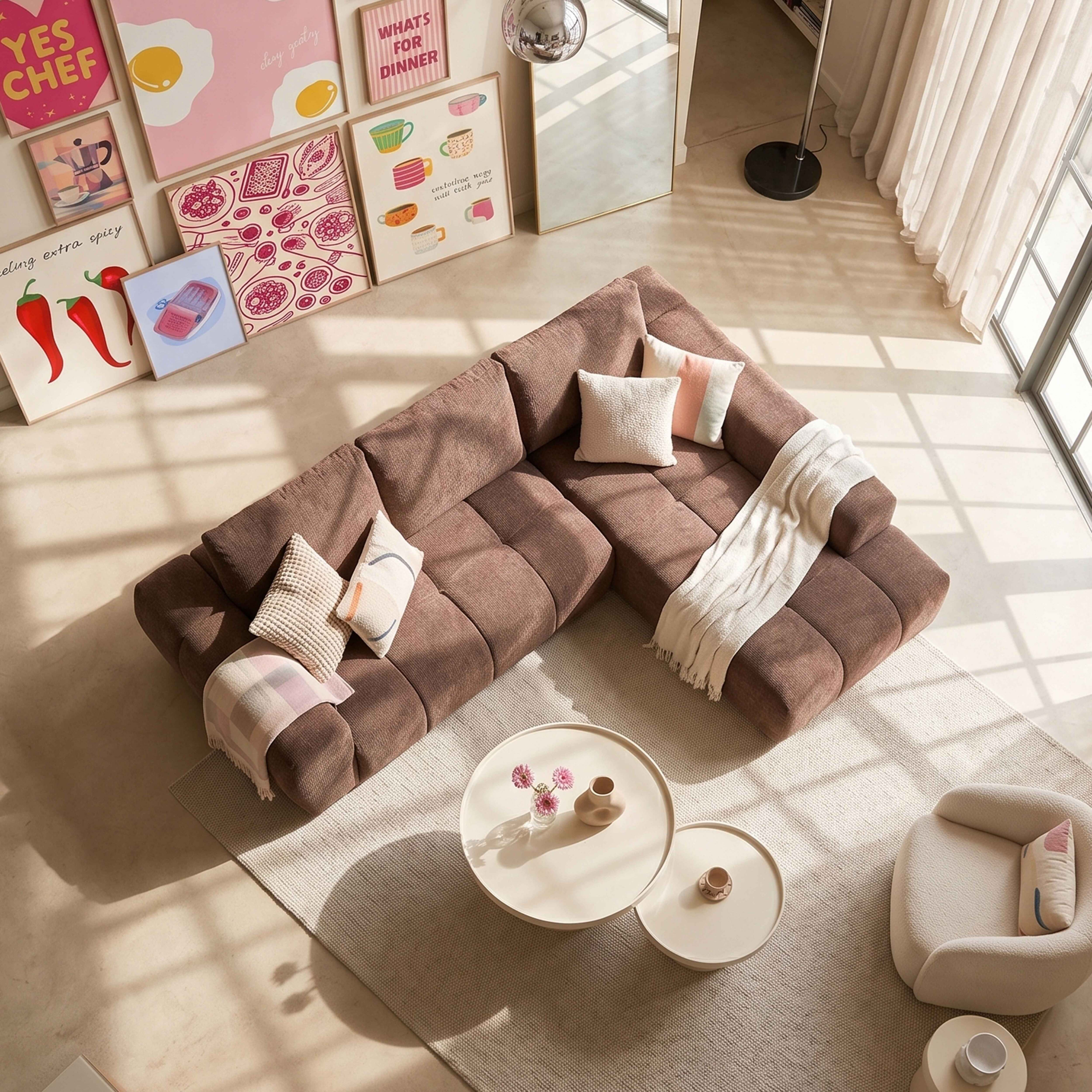 Ein braunes Ecksofa, helle Tische und farbenfrohe Bilder in einem hellen Wohnzimmer.