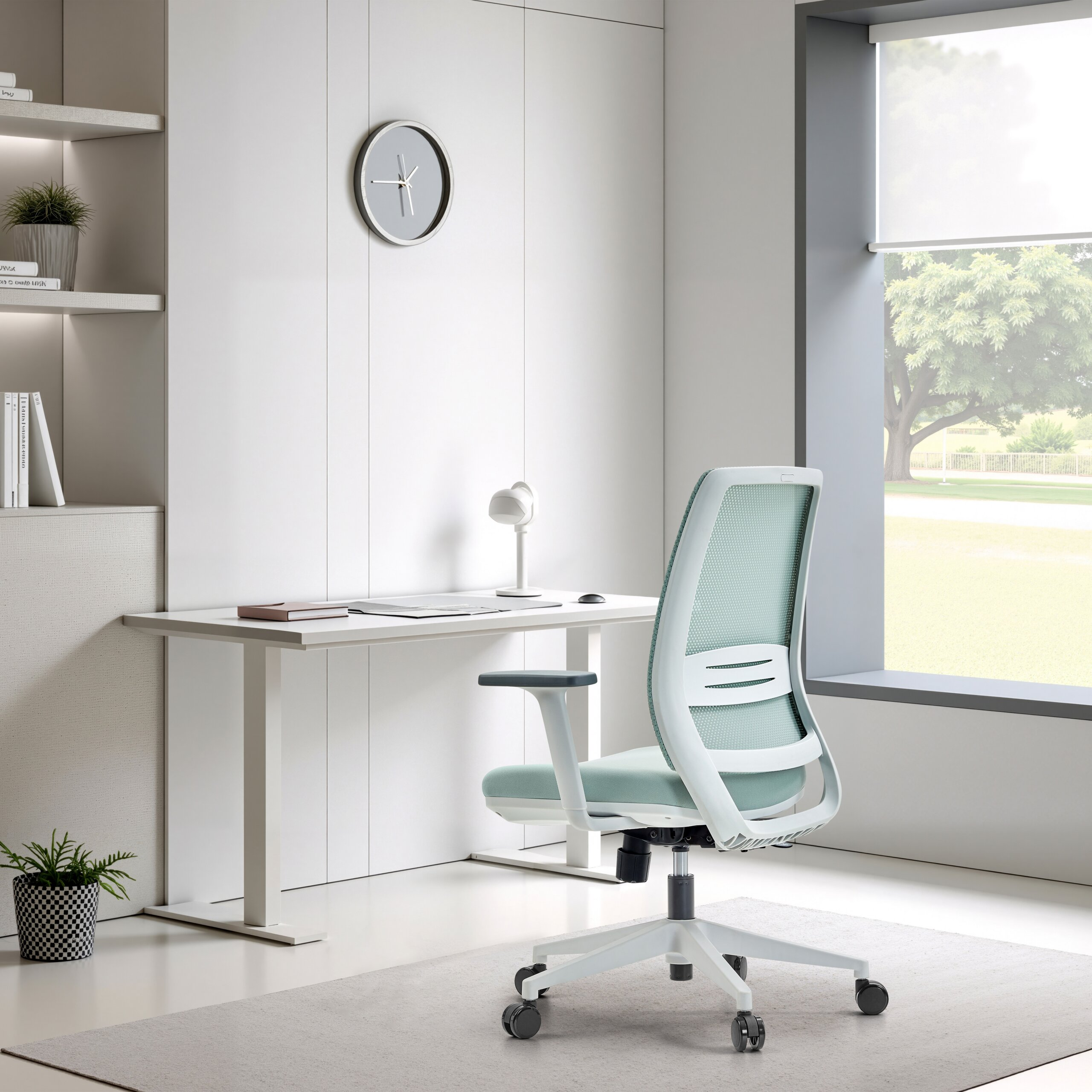 Ein modernes Homeoffice mit einem mintgrünen Schreibtischstuhl, weißem Schreibtisch, Wanduhr und großem Fenster mit Blick ins Grüne.