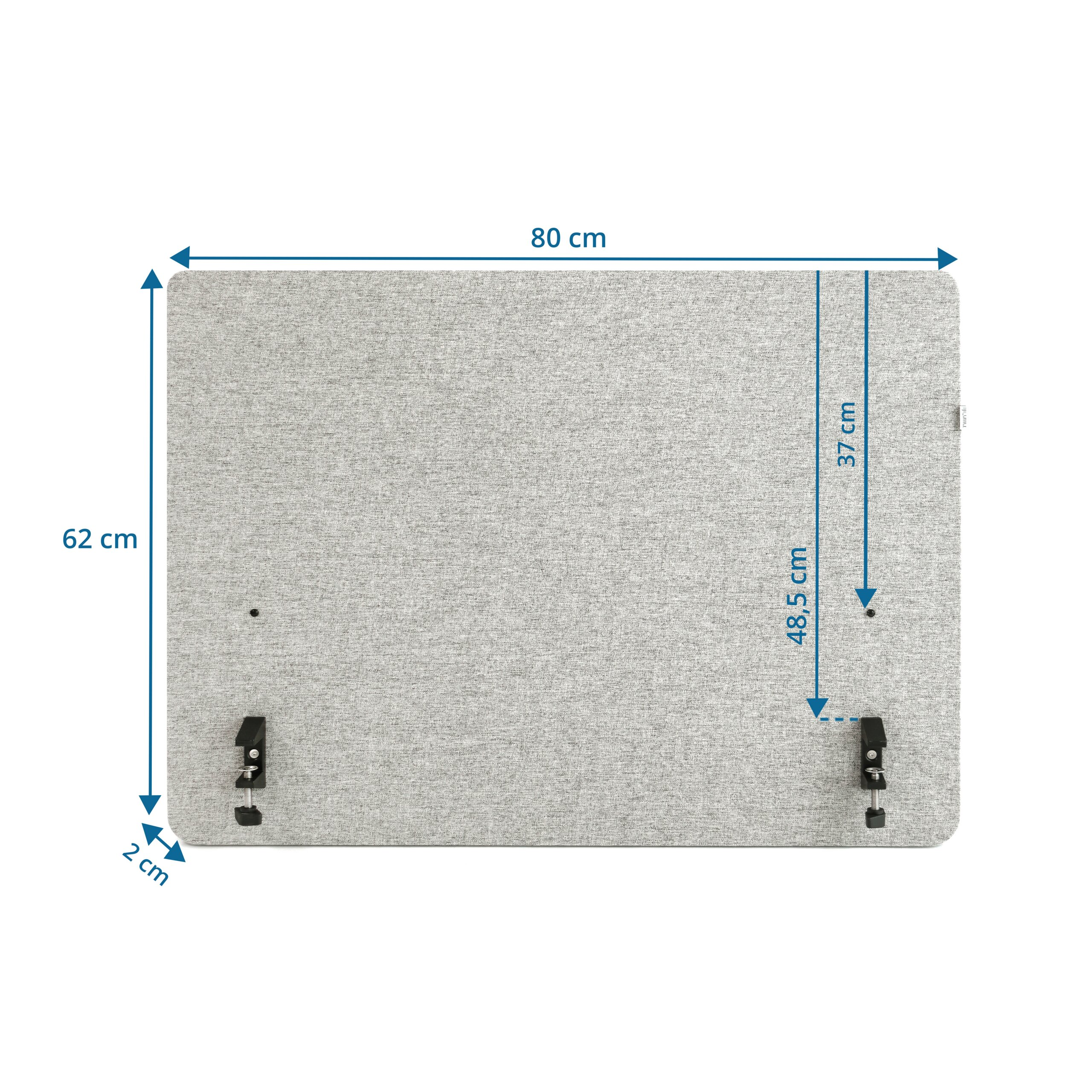 Graue Schreibtisch-Trennwand mit blauen Maßpfeilen für Breite 80 cm, Höhe 62 cm, Tiefe 2 cm und Befestigungspunkte.