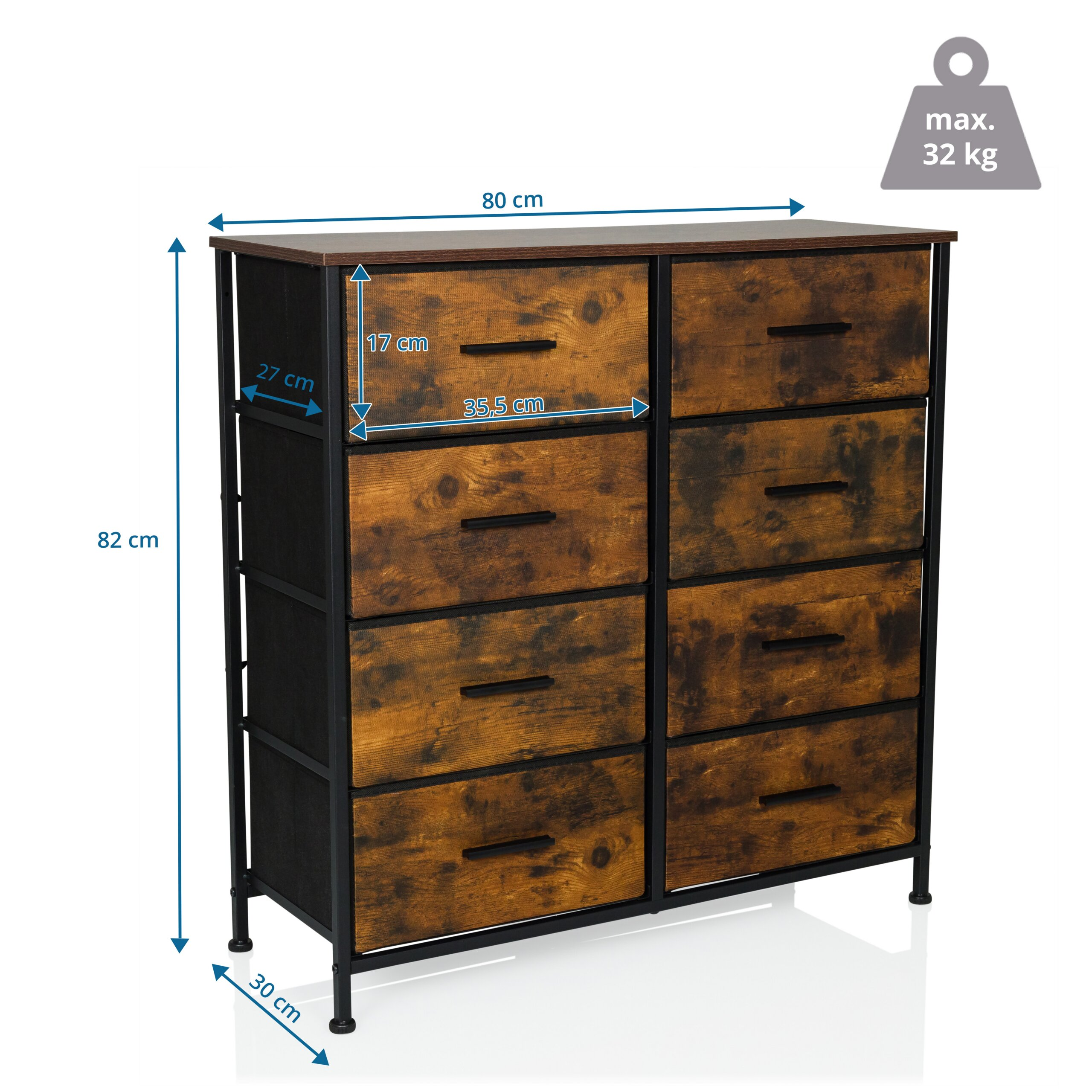 Industriedesign-Kommode mit 8 Schubladen und Maßangaben in cm.