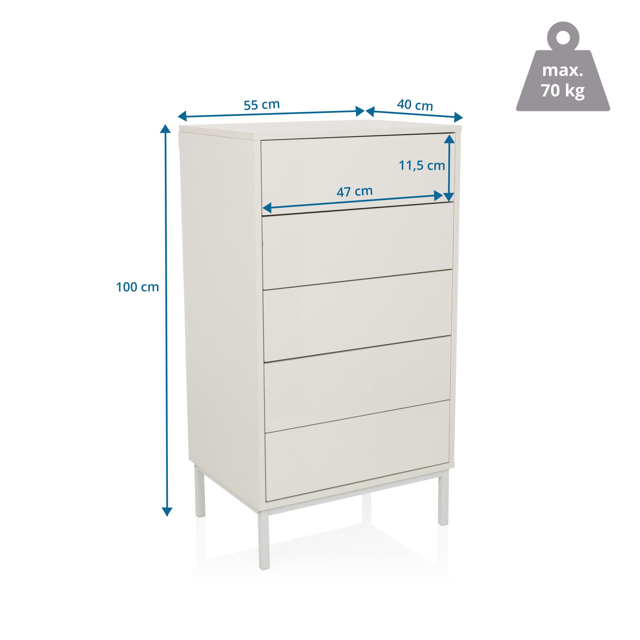 Weiße Kommode mit fünf Schubladen und blauen Maßangaben, max. 70 kg.