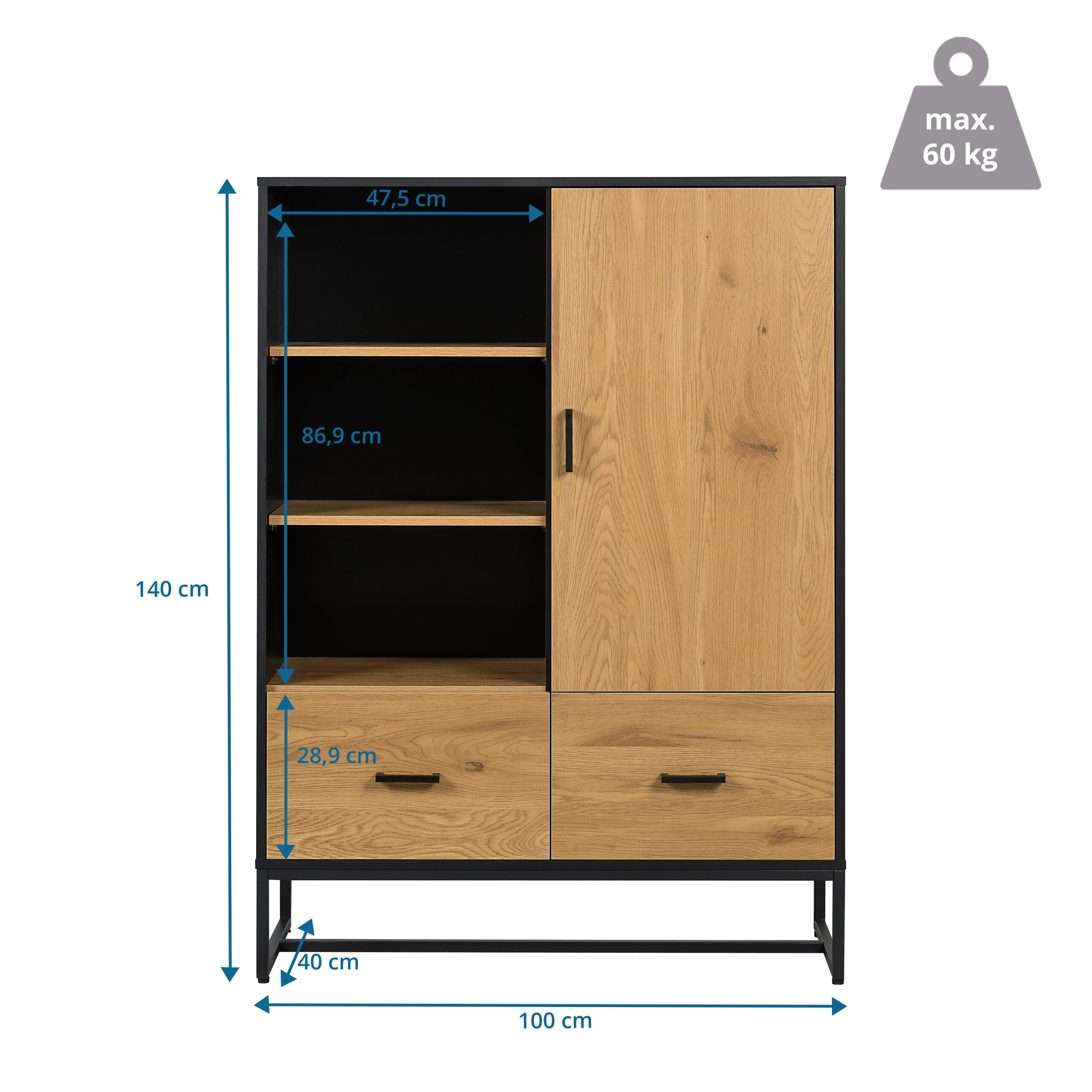 Schwarzer Schrank mit Holzoptik, Regalen, Schubladen und Maßen.