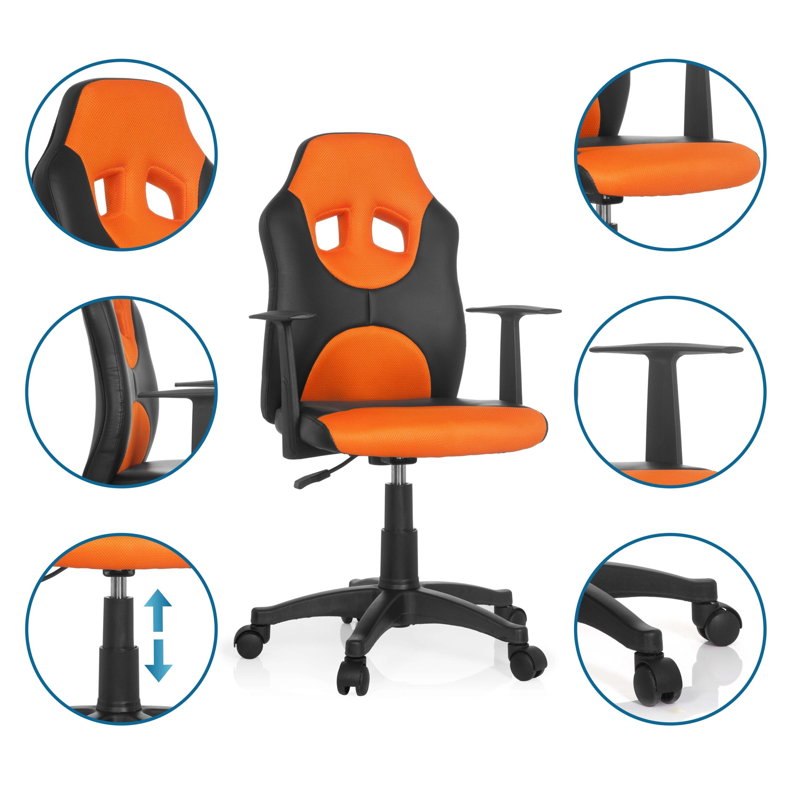 Ein orange-schwarzer Buerostuhl mit Rollen, umgeben von sechs kreisrunden Detailaufnahmen.