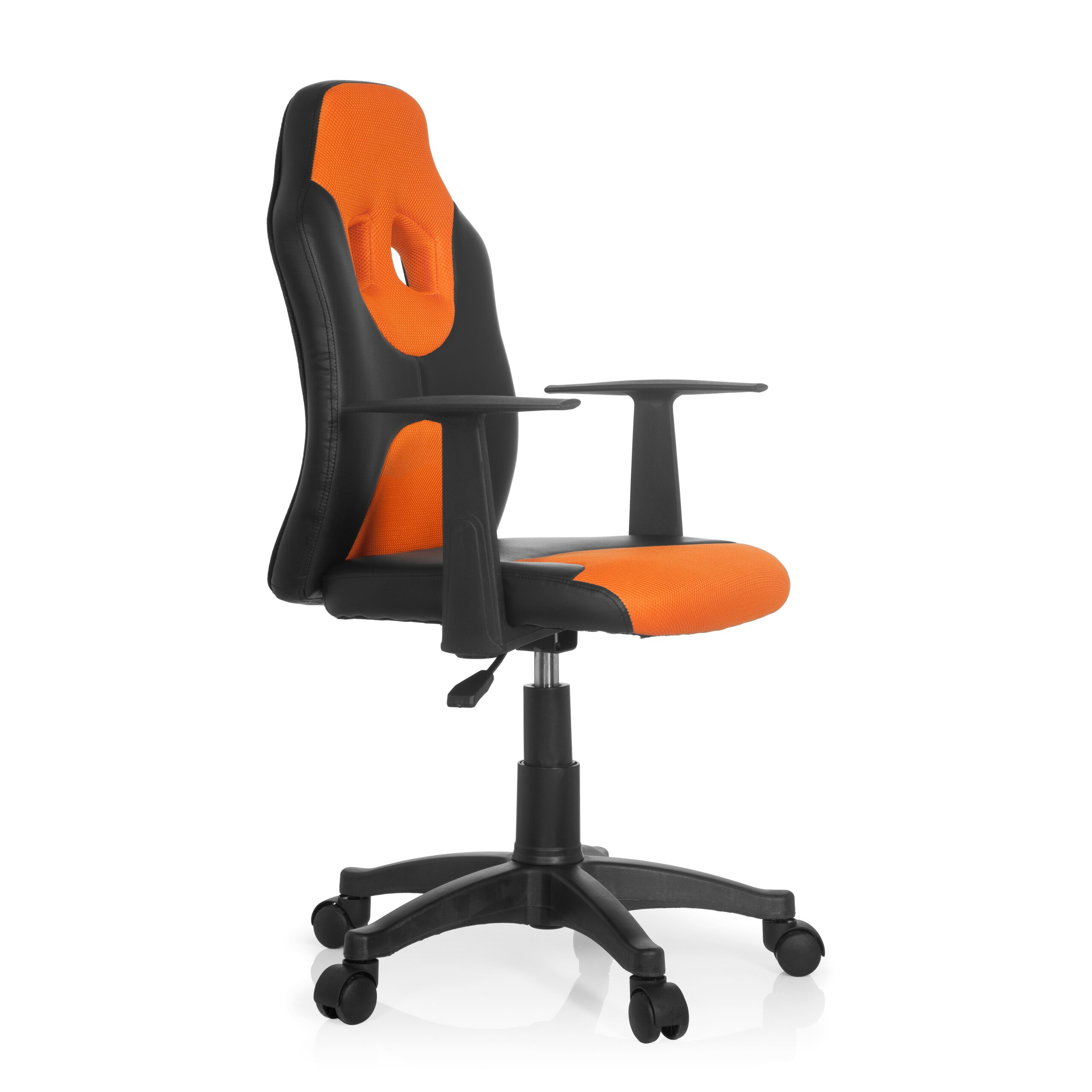Ein schwarz-oranger ergonomischer Bürostuhl mit Rollen auf weißem Hintergrund.