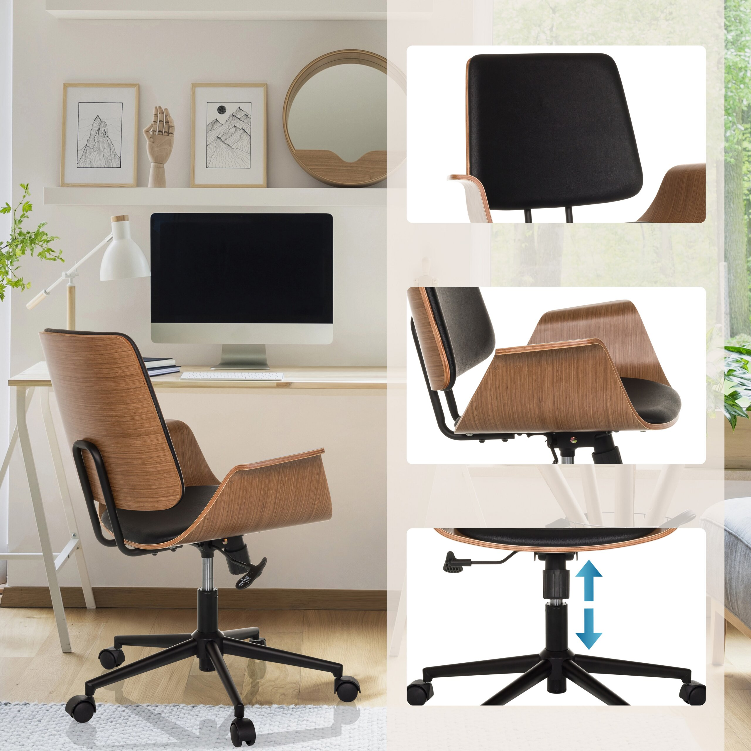 Bürostuhl mit Holzschale und schwarzem Kissen, Nahaufnahmen zeigen Rückenlehne, Armlehne und Höhenverstellung.