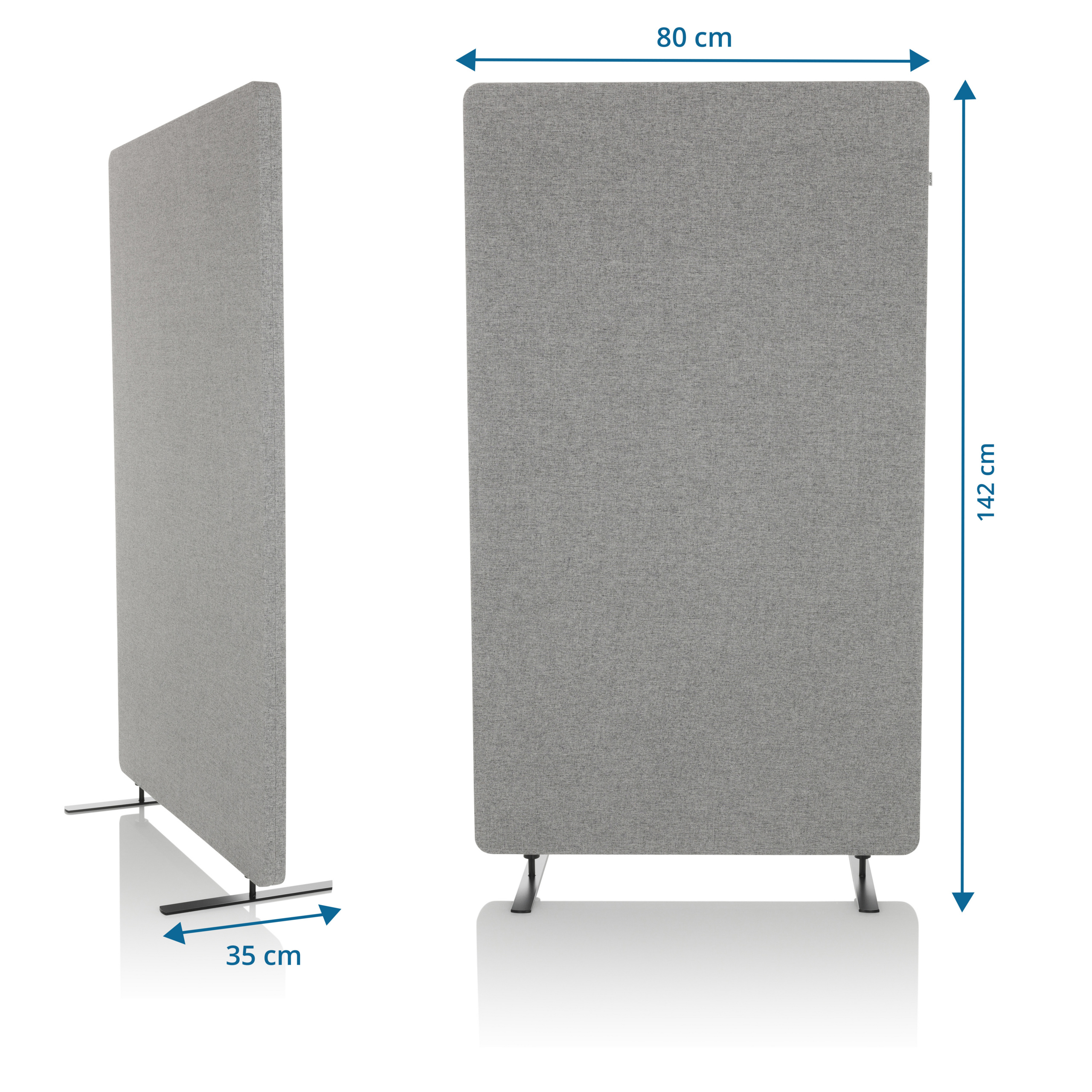 Grauer Akustik-Stellwand mit Maßen 80 cm Breite, 142 cm Höhe und 35 cm Tiefe auf Metallfüßen.