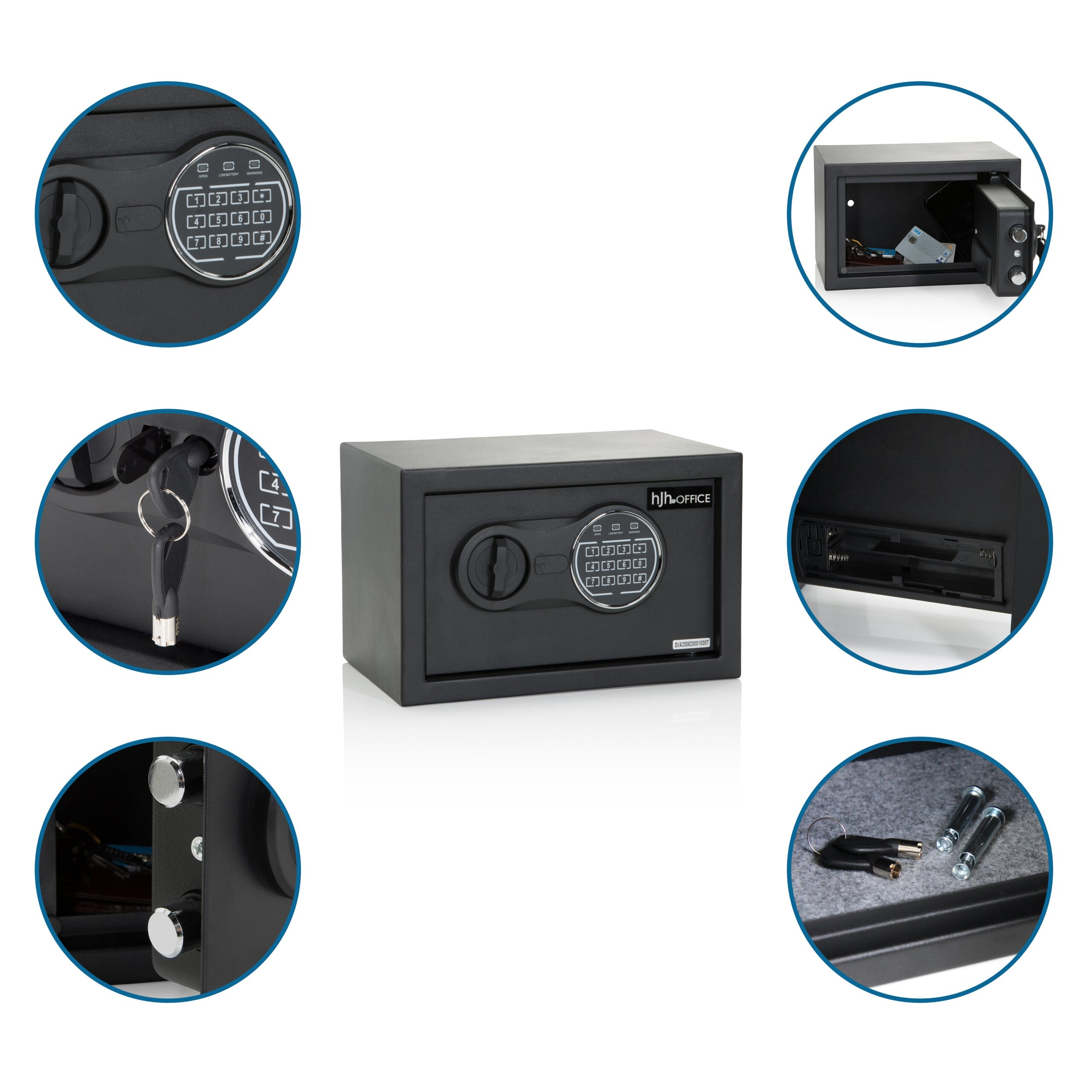 Ein schwarzer elektronischer Safe mit Ziffernblock, Schlüsseln und Befestigungsschrauben.